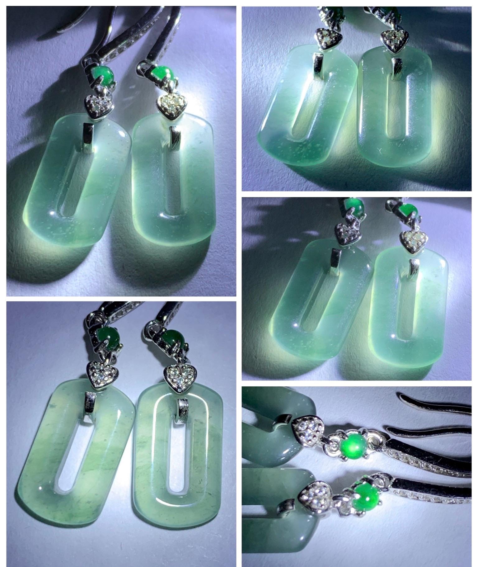 Natural Guatemalan Grade A Icy Highly Translucent Pastel Green Jade Jadeite Donut Ring Dangle Earrings Sterling Silver 天然冰危浅蓝绿翡翠长方扣耳吊 WQC99