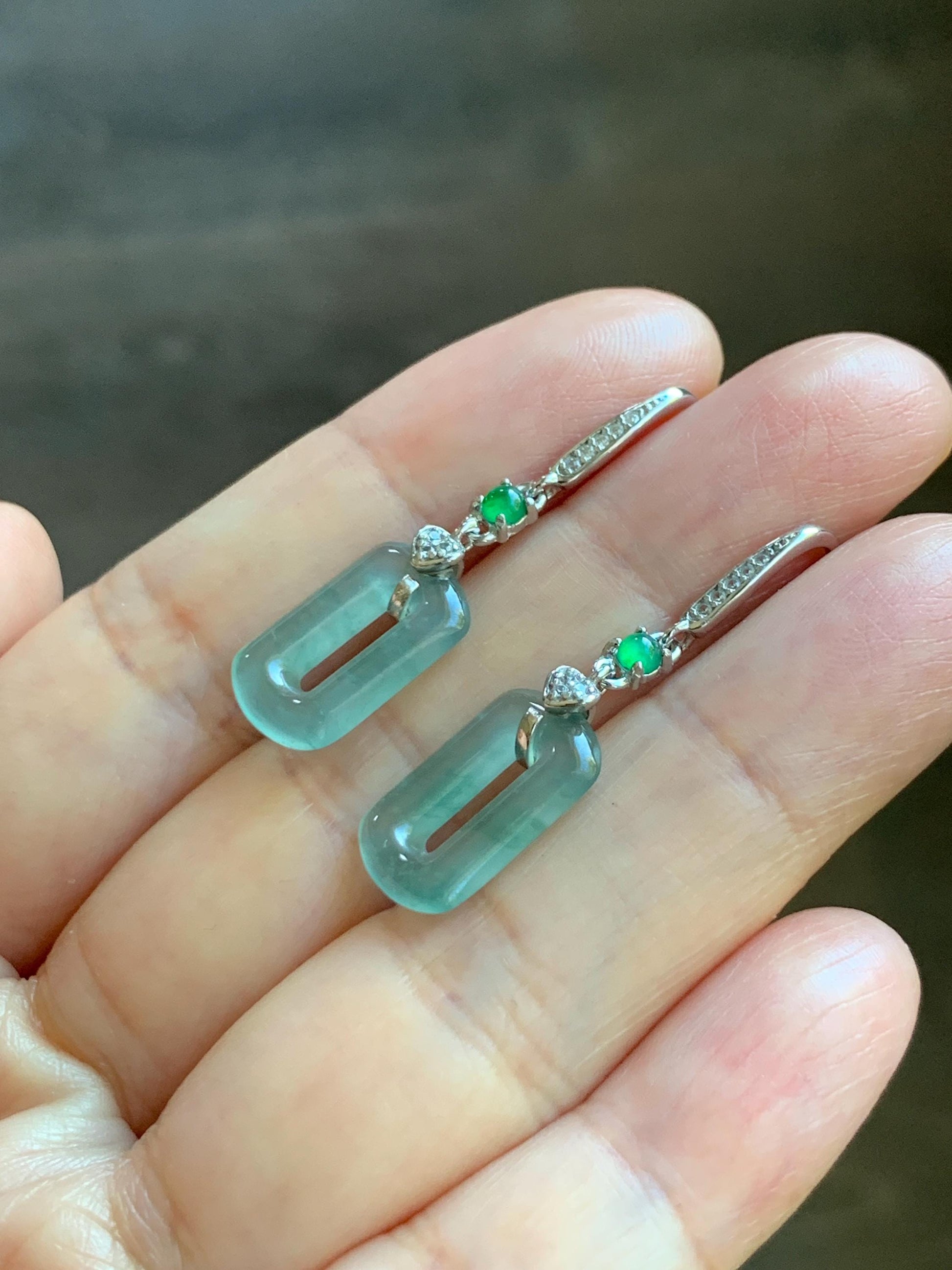 Natural Guatemalan Grade A Icy Highly Translucent Pastel Green Jade Jadeite Donut Ring Dangle Earrings Sterling Silver 天然冰危浅蓝绿翡翠长方扣耳吊 WQC99