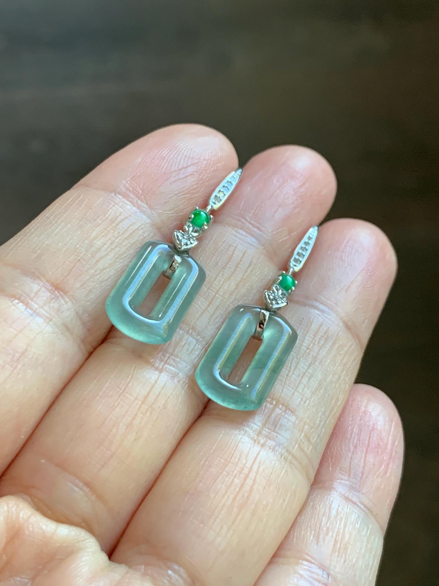 Natural Guatemalan Grade A Icy Highly Translucent Pastel Green Jade Jadeite Donut Ring Dangle Earrings Sterling Silver 天然冰危浅蓝绿翡翠长方扣耳吊 WQC99