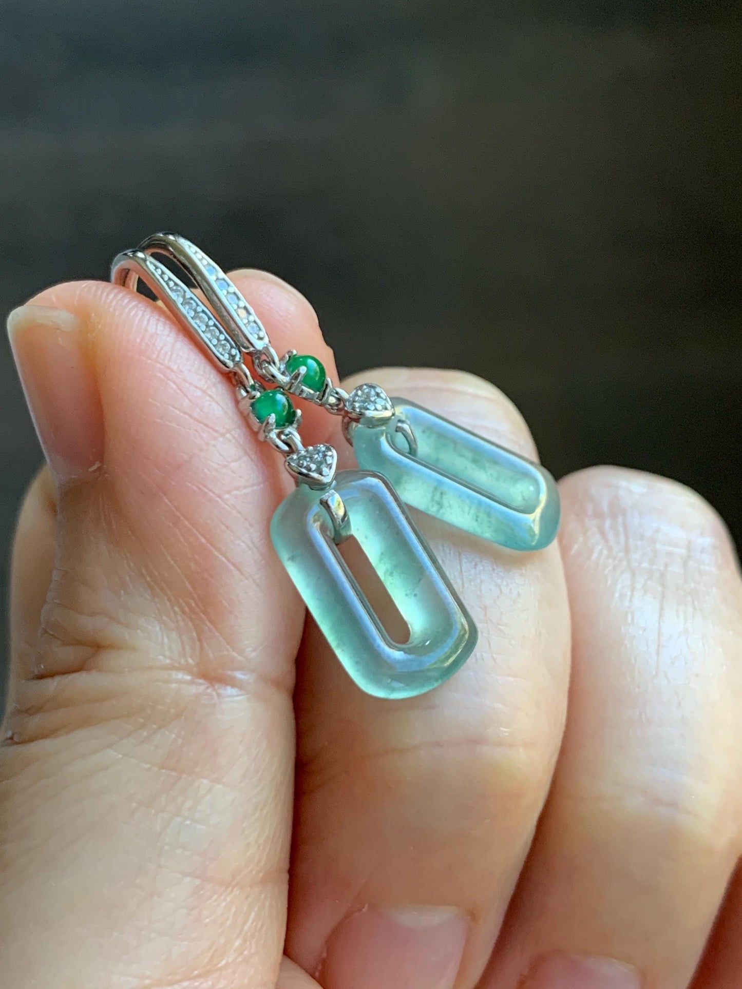 Natural Guatemalan Grade A Icy Highly Translucent Pastel Green Jade Jadeite Donut Ring Dangle Earrings Sterling Silver 天然冰危浅蓝绿翡翠长方扣耳吊 WQC99
