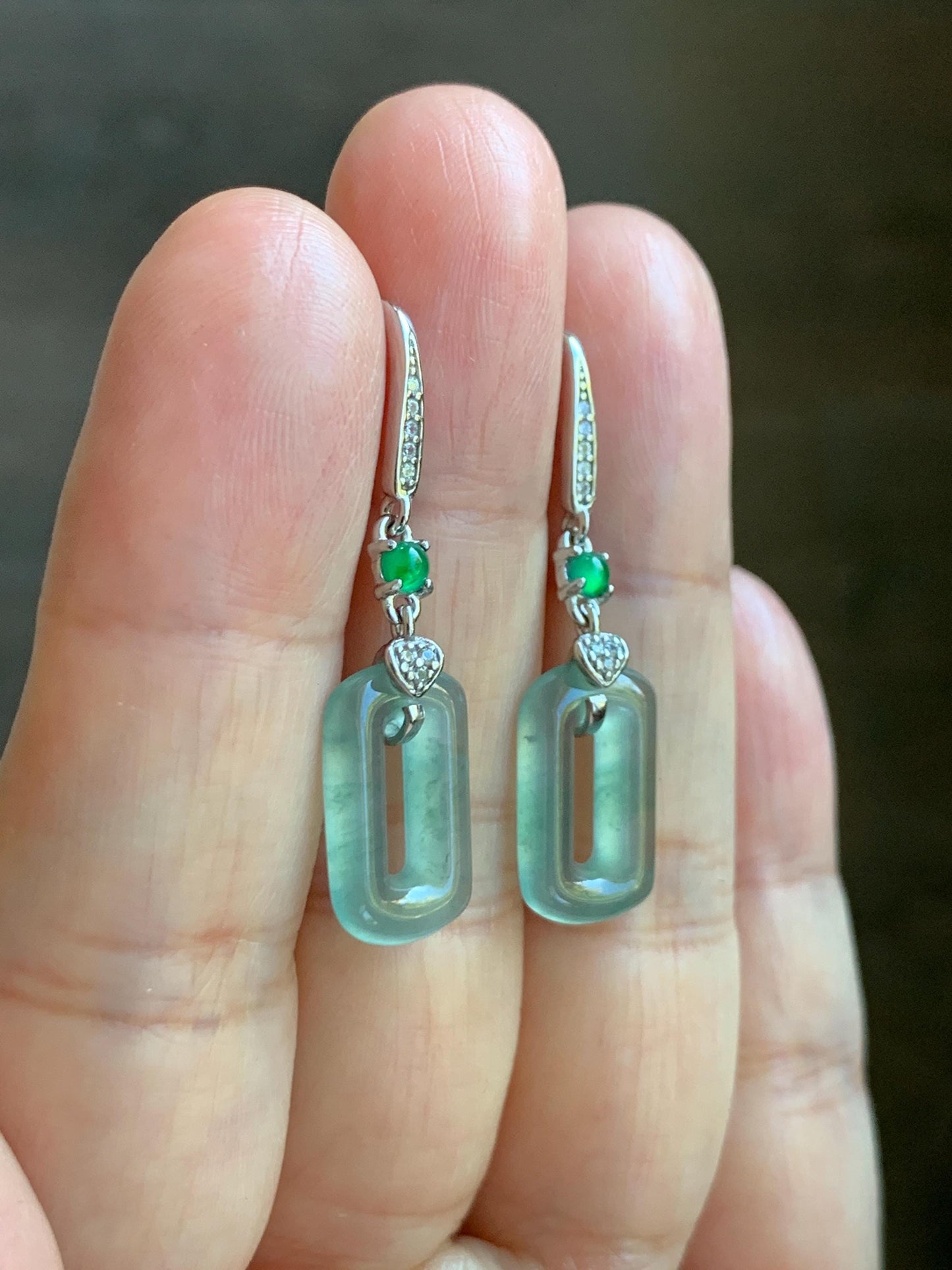 Natural Guatemalan Grade A Icy Highly Translucent Pastel Green Jade Jadeite Donut Ring Dangle Earrings Sterling Silver 天然冰危浅蓝绿翡翠长方扣耳吊 WQC99