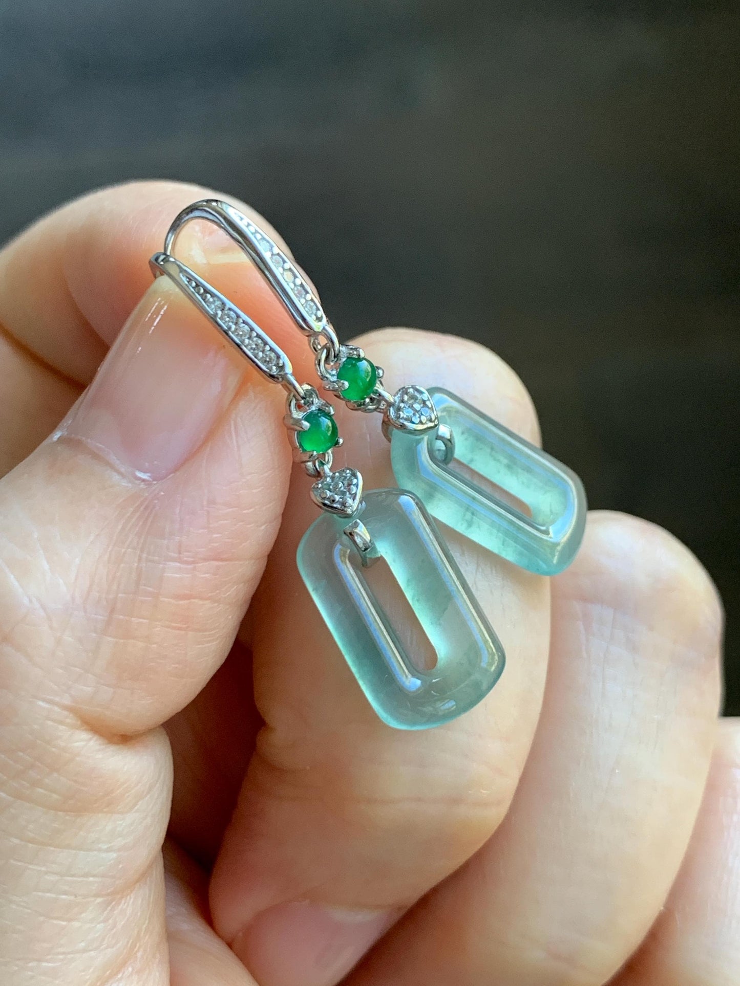 Natural Guatemalan Grade A Icy Highly Translucent Pastel Green Jade Jadeite Donut Ring Dangle Earrings Sterling Silver 天然冰危浅蓝绿翡翠长方扣耳吊 WQC99