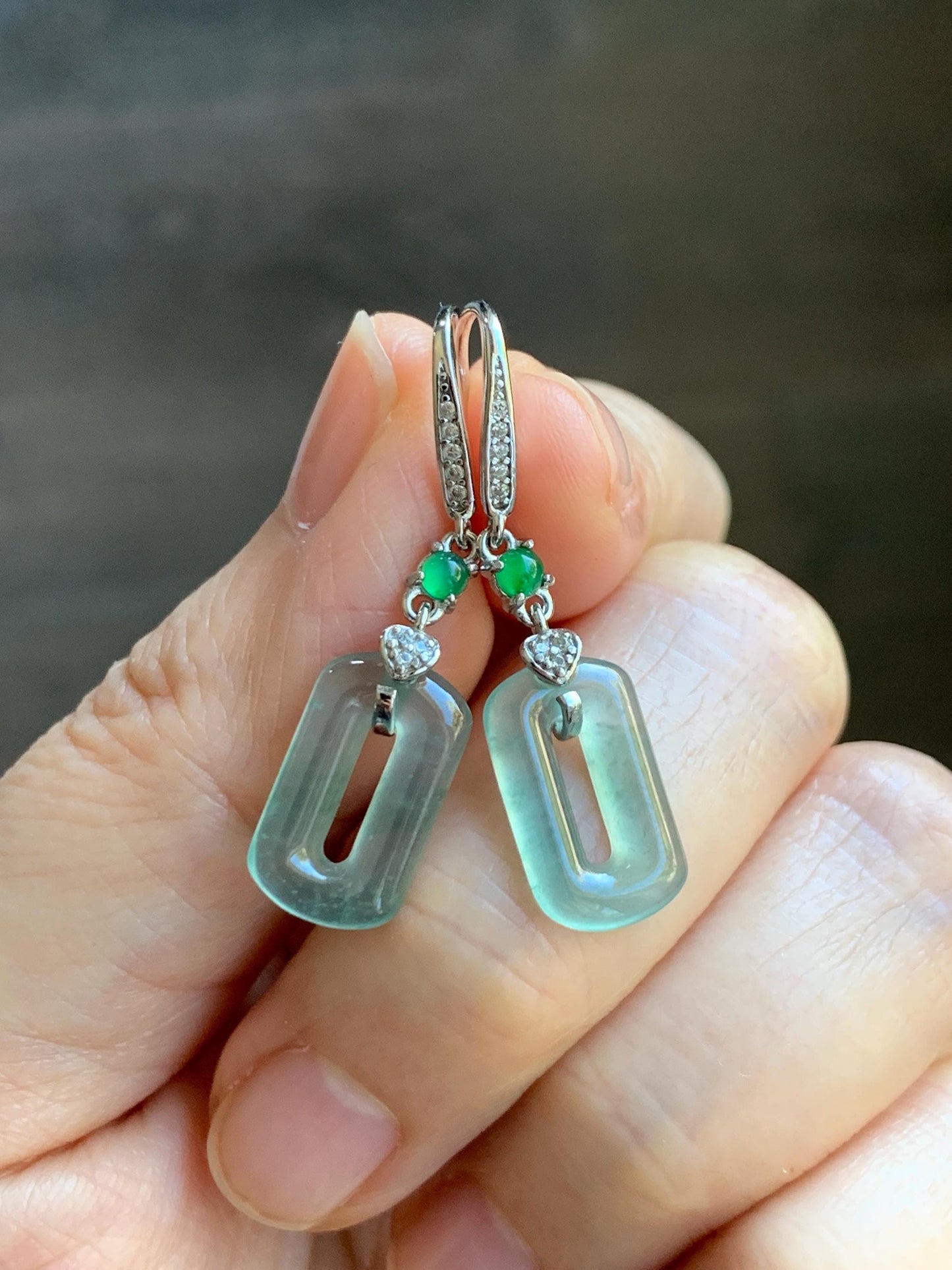 Natural Guatemalan Grade A Icy Highly Translucent Pastel Green Jade Jadeite Donut Ring Dangle Earrings Sterling Silver 天然冰危浅蓝绿翡翠长方扣耳吊 WQC99