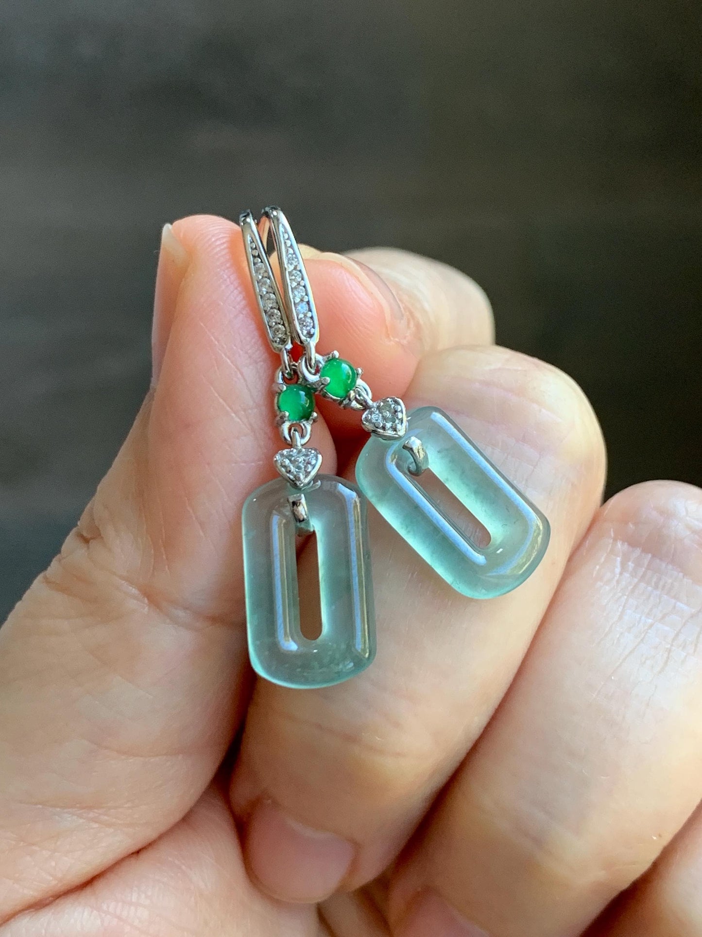 Natural Guatemalan Grade A Icy Highly Translucent Pastel Green Jade Jadeite Donut Ring Dangle Earrings Sterling Silver 天然冰危浅蓝绿翡翠长方扣耳吊 WQC99