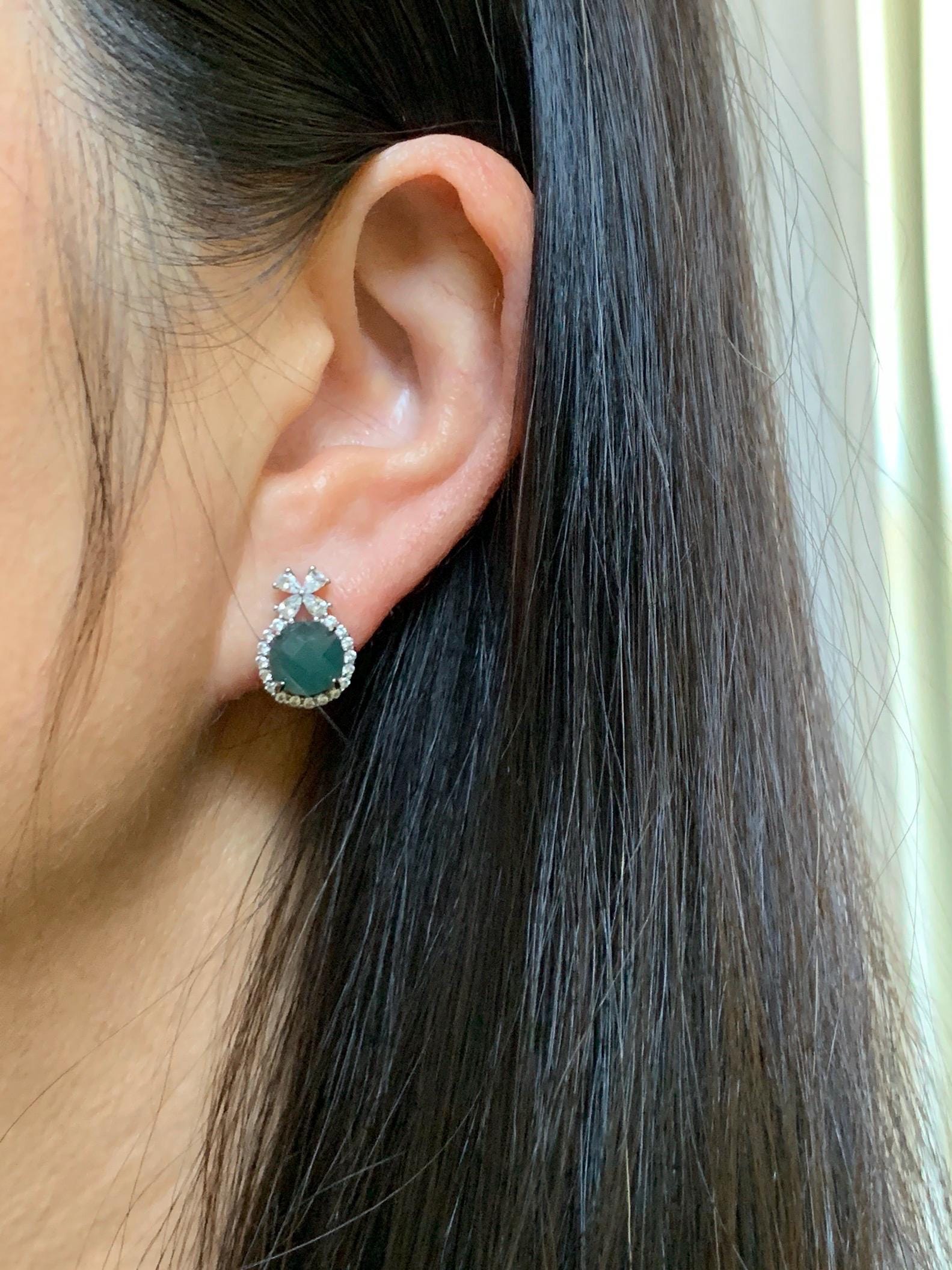 Natural Grade A Guatemalan Icy Translucent Dark Teal Blue Jade Jadeite Faceted Round Stud Earrings Sterling Silver 天然冰危深蓝绿翡翠切割面银镶耳钉 WQG77