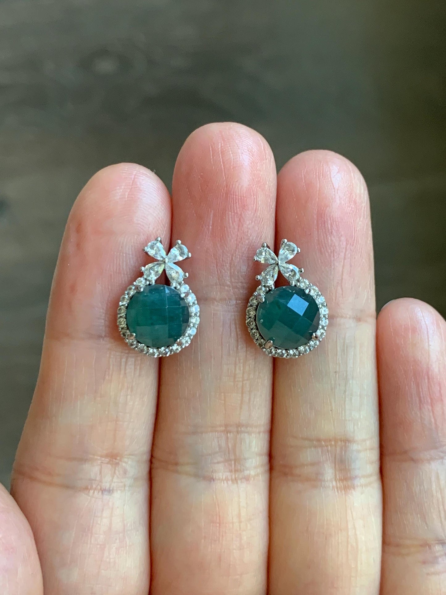 Natural Grade A Guatemalan Icy Translucent Dark Teal Blue Jade Jadeite Faceted Round Stud Earrings Sterling Silver 天然冰危深蓝绿翡翠切割面银镶耳钉 WQG77