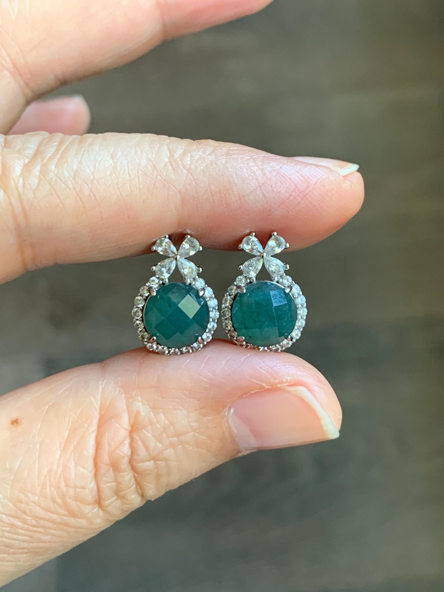 Natural Grade A Guatemalan Icy Translucent Dark Teal Blue Jade Jadeite Faceted Round Stud Earrings Sterling Silver 天然冰危深蓝绿翡翠切割面银镶耳钉 WQG77