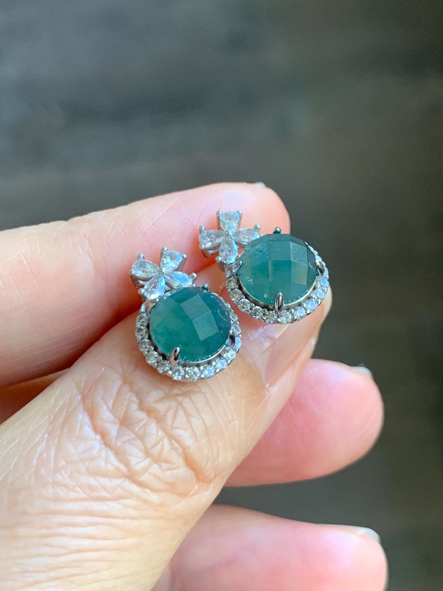 Natural Grade A Guatemalan Icy Translucent Dark Teal Blue Jade Jadeite Faceted Round Stud Earrings Sterling Silver 天然冰危深蓝绿翡翠切割面银镶耳钉 WQG77