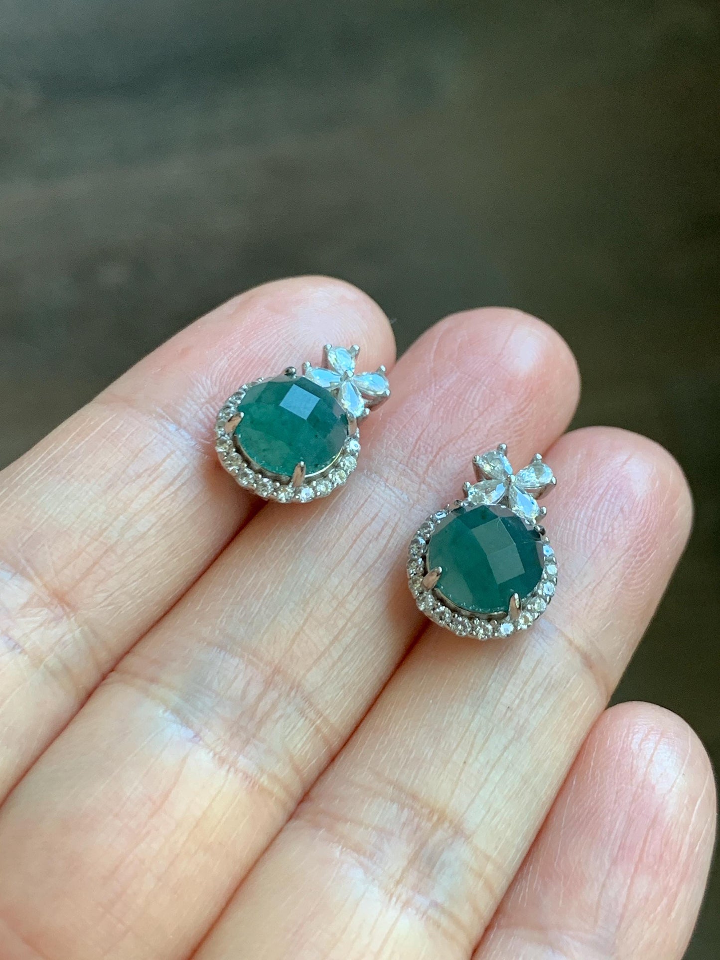 Natural Grade A Guatemalan Icy Translucent Dark Teal Blue Jade Jadeite Faceted Round Stud Earrings Sterling Silver 天然冰危深蓝绿翡翠切割面银镶耳钉 WQG77