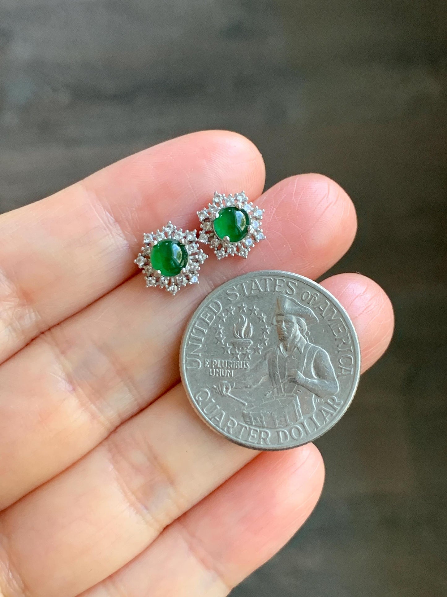 Natural Guatemalan Grade A Icy Translucent Vibrant Green Jade Jadeite Snowflake Stud Earrings Sterling Silver 天然冰危绿翡翠银镶耳钉 HAE77