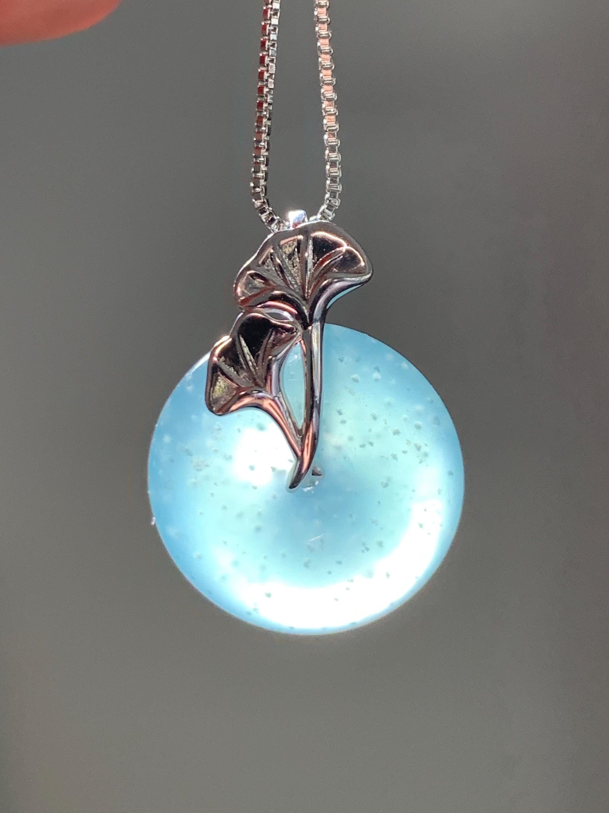 Certified Natural Grade A Guatemalan Icy Translucent Dark Teal Jadeite Ping An Kou Donut Ginkgo Pendant Sterling Silver 天然冰危蓝绿翡翠平安扣吊坠 3766