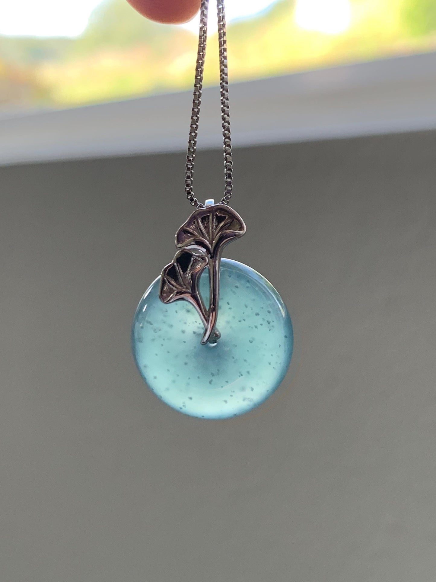 Certified Natural Grade A Guatemalan Icy Translucent Dark Teal Jadeite Ping An Kou Donut Ginkgo Pendant Sterling Silver 天然冰危蓝绿翡翠平安扣吊坠 3766