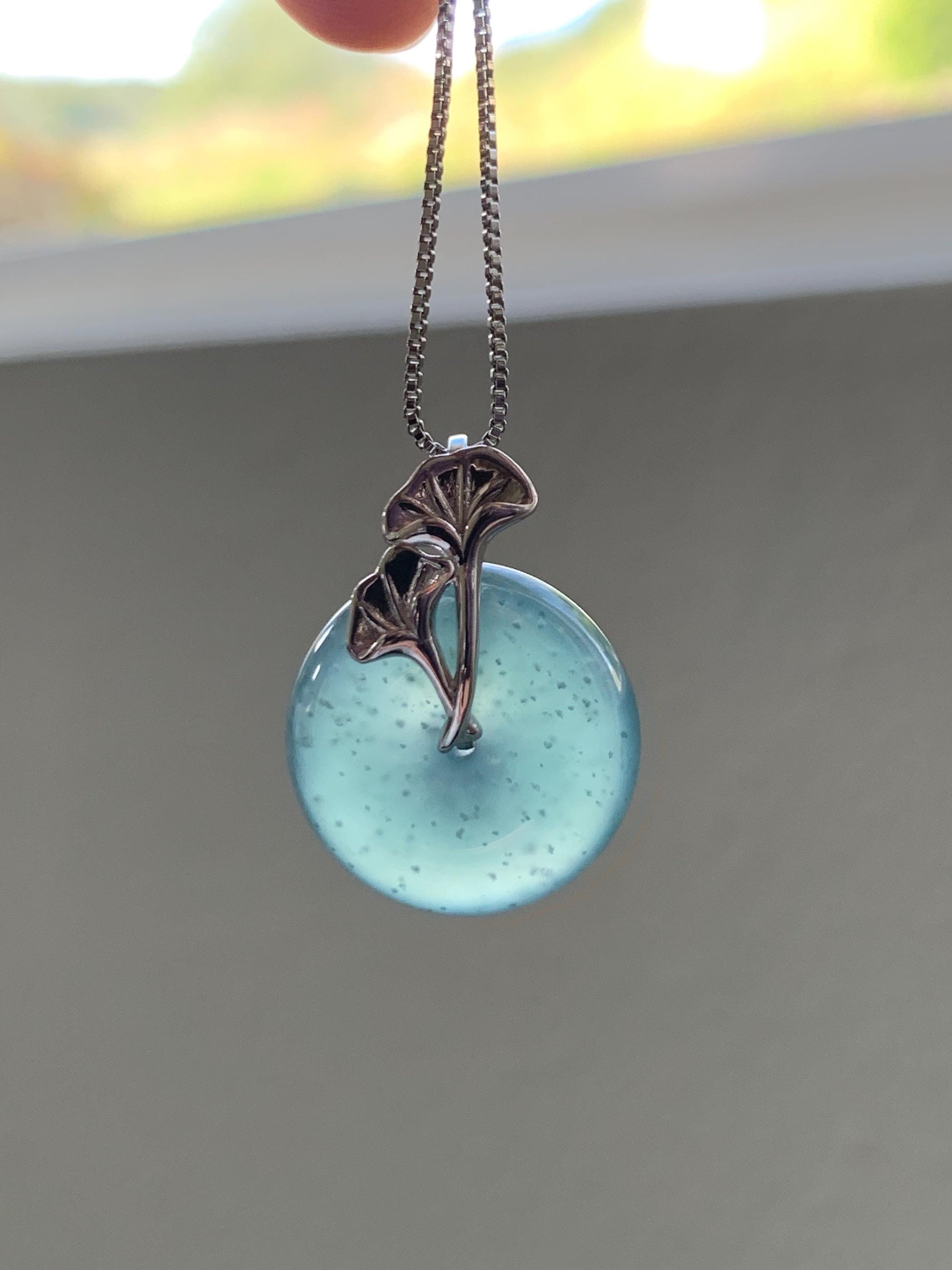 Certified Natural Grade A Guatemalan Icy Translucent Dark Teal Jadeite Ping An Kou Donut Ginkgo Pendant Sterling Silver 天然冰危蓝绿翡翠平安扣吊坠 3766