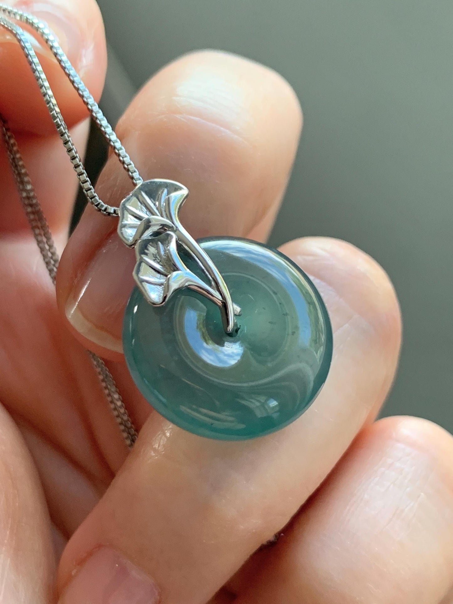 Certified Natural Grade A Guatemalan Icy Translucent Dark Teal Jadeite Ping An Kou Donut Ginkgo Pendant Sterling Silver 天然冰危蓝绿翡翠平安扣吊坠 3766