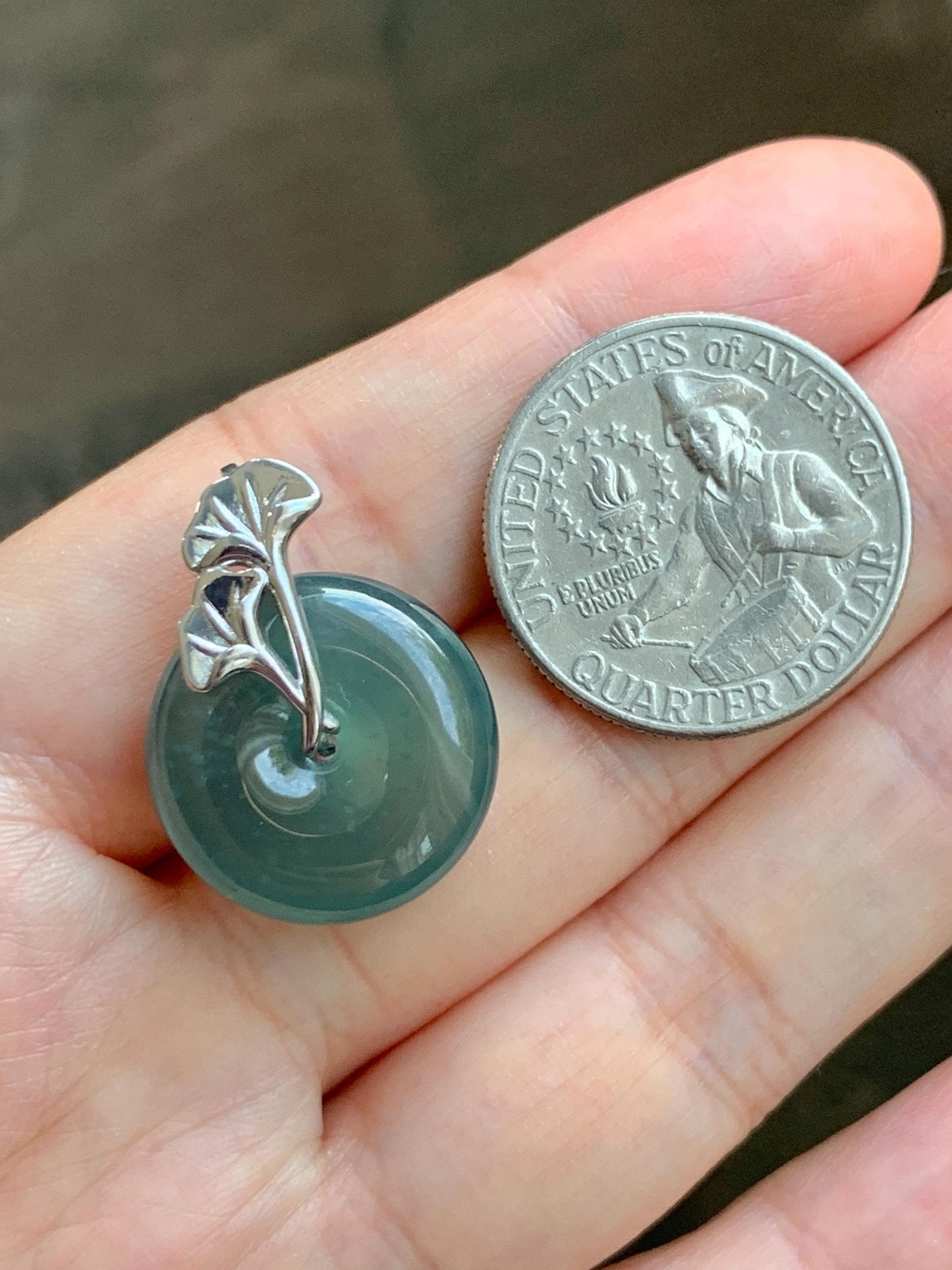 Certified Natural Grade A Guatemalan Icy Translucent Dark Teal Jadeite Ping An Kou Donut Ginkgo Pendant Sterling Silver 天然冰危蓝绿翡翠平安扣吊坠 3766