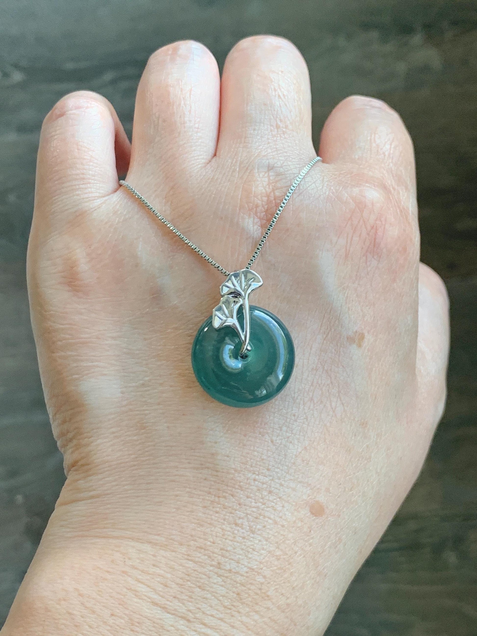 Certified Natural Grade A Guatemalan Icy Translucent Dark Teal Jadeite Ping An Kou Donut Ginkgo Pendant Sterling Silver 天然冰危蓝绿翡翠平安扣吊坠 3766
