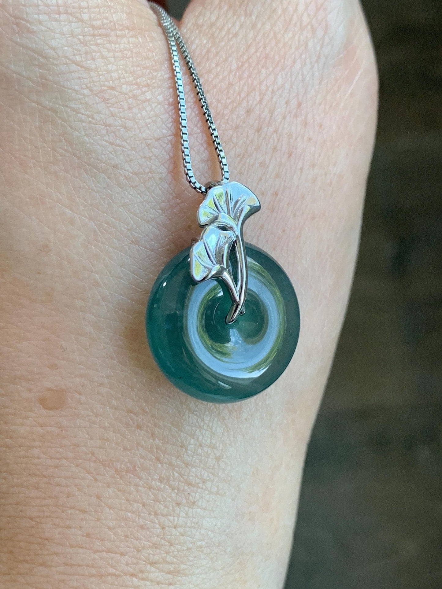 Certified Natural Grade A Guatemalan Icy Translucent Dark Teal Jadeite Ping An Kou Donut Ginkgo Pendant Sterling Silver 天然冰危蓝绿翡翠平安扣吊坠 3766