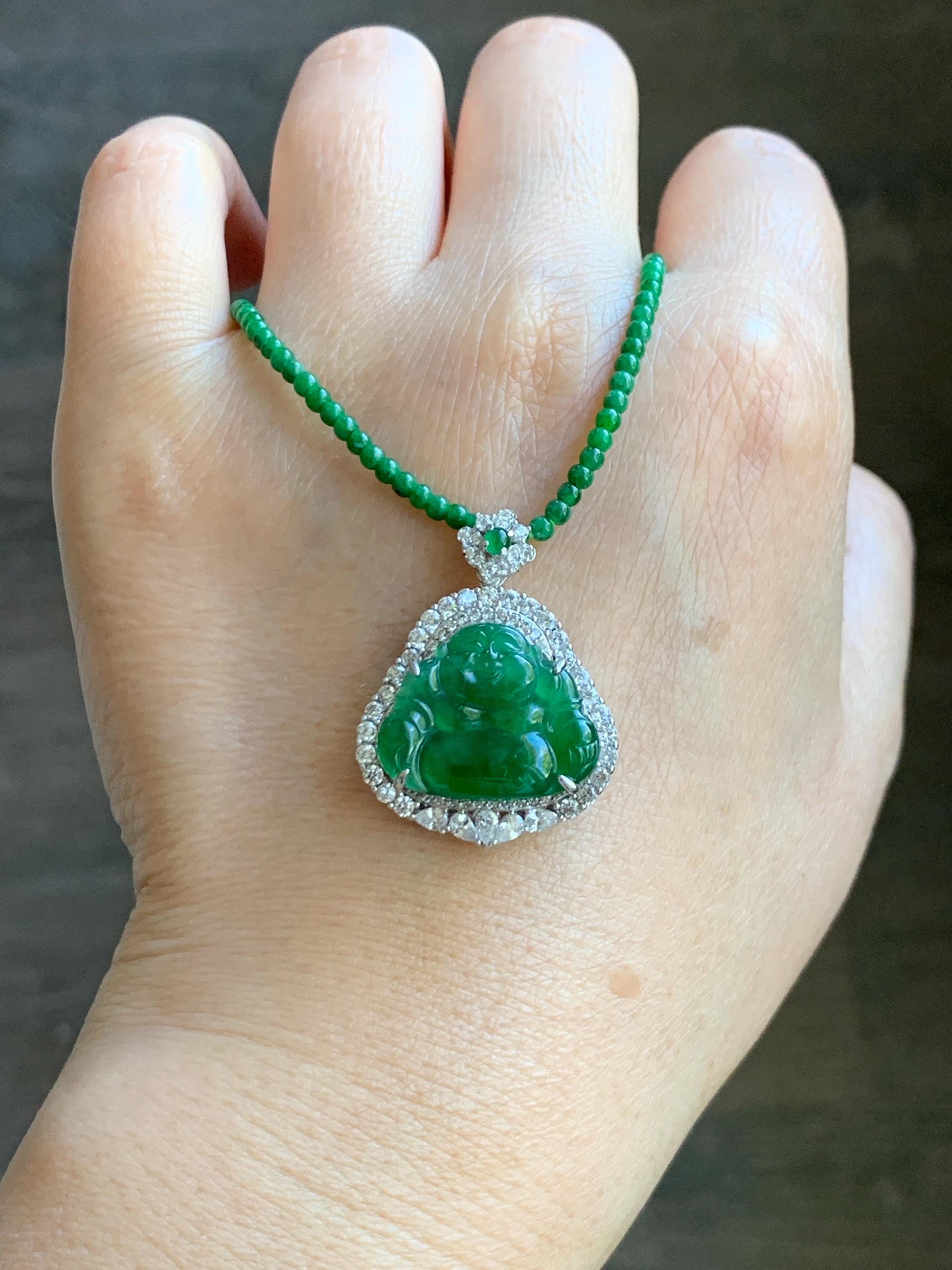 Certified Natural Guatemalan Icy Translucent Vibrant Green Jade Jadeite Buddha Pendant Sterling Silver Beaded Necklace 天然冰危绿翡翠佛公吊坠绿翡翠珠项链 092