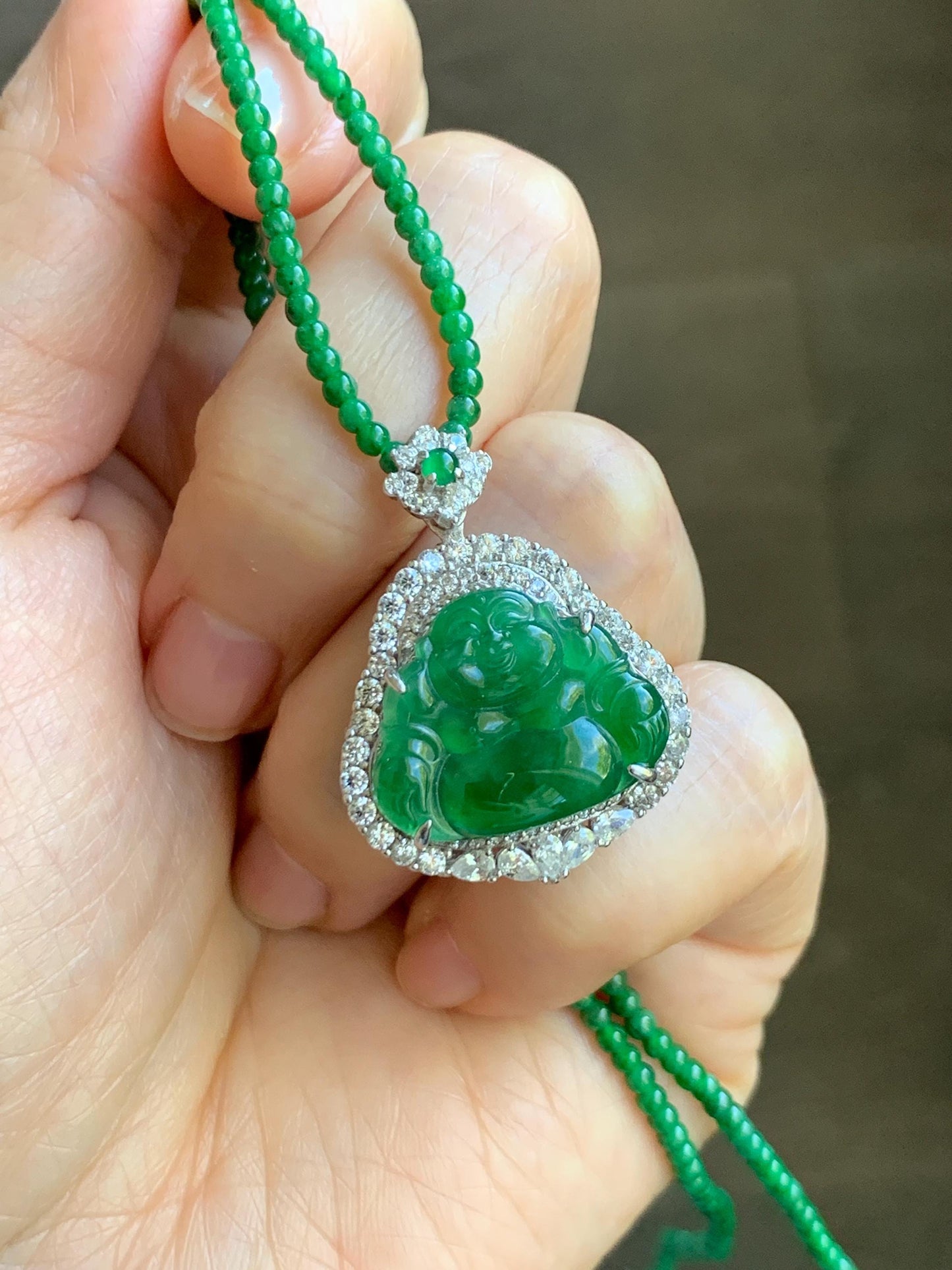 Certified Natural Guatemalan Icy Translucent Vibrant Green Jade Jadeite Buddha Pendant Sterling Silver Beaded Necklace 天然冰危绿翡翠佛公吊坠绿翡翠珠项链 092