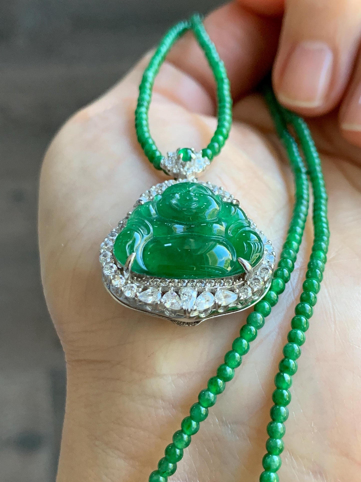 Certified Natural Guatemalan Icy Translucent Vibrant Green Jade Jadeite Buddha Pendant Sterling Silver Beaded Necklace 天然冰危绿翡翠佛公吊坠绿翡翠珠项链 092