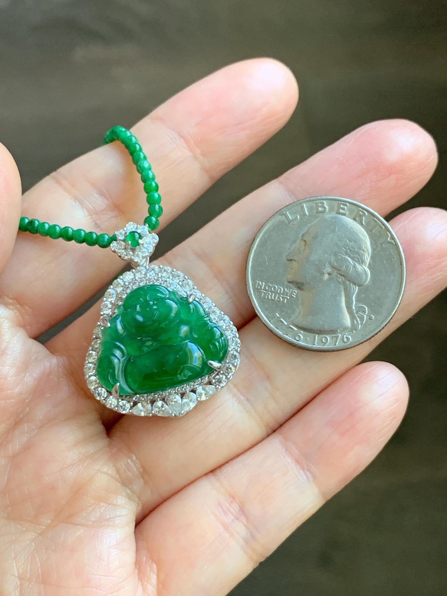 Certified Natural Guatemalan Icy Translucent Vibrant Green Jade Jadeite Buddha Pendant Sterling Silver Beaded Necklace 天然冰危绿翡翠佛公吊坠绿翡翠珠项链 092