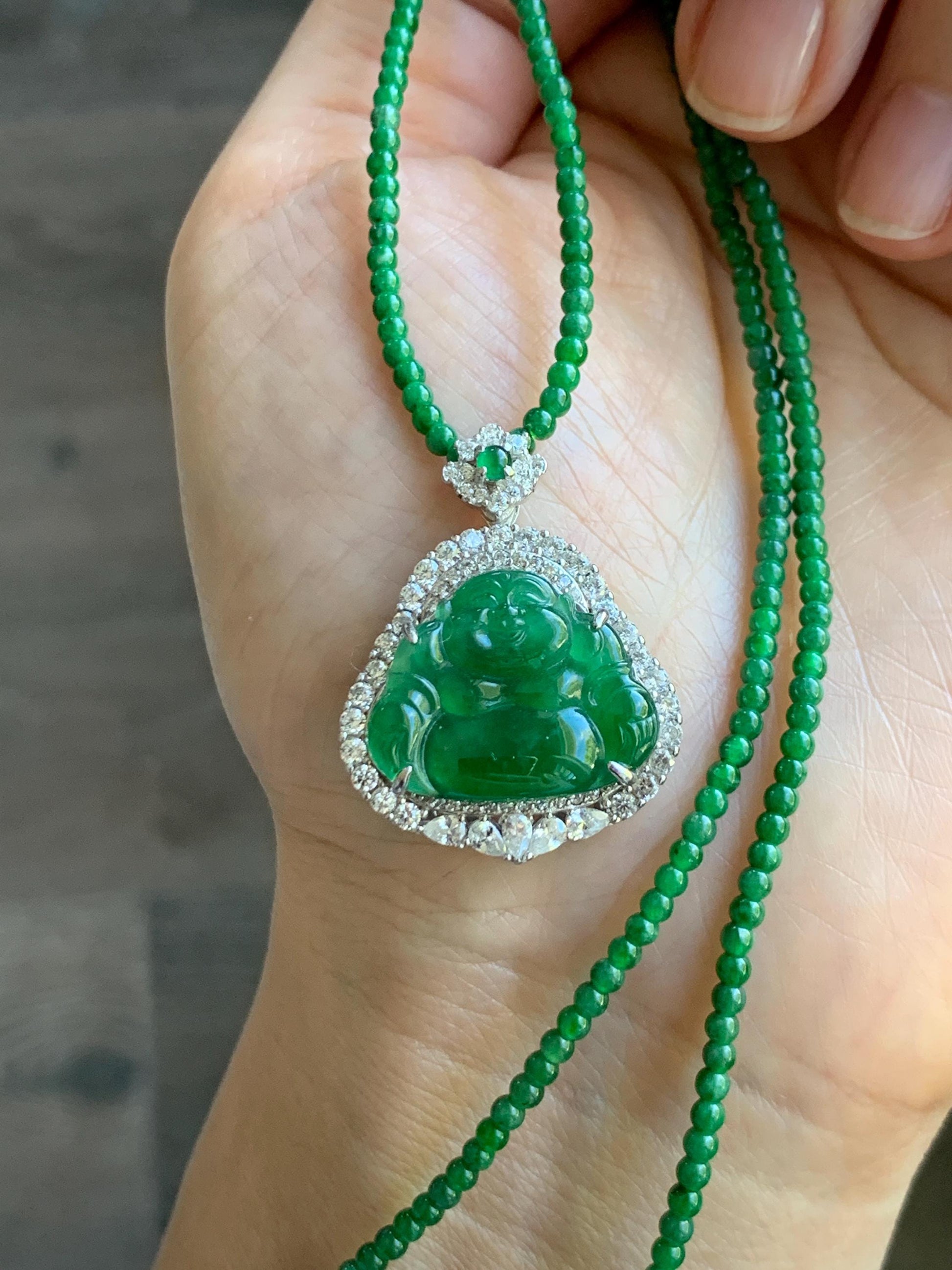 Certified Natural Guatemalan Icy Translucent Vibrant Green Jade Jadeite Buddha Pendant Sterling Silver Beaded Necklace 天然冰危绿翡翠佛公吊坠绿翡翠珠项链 092