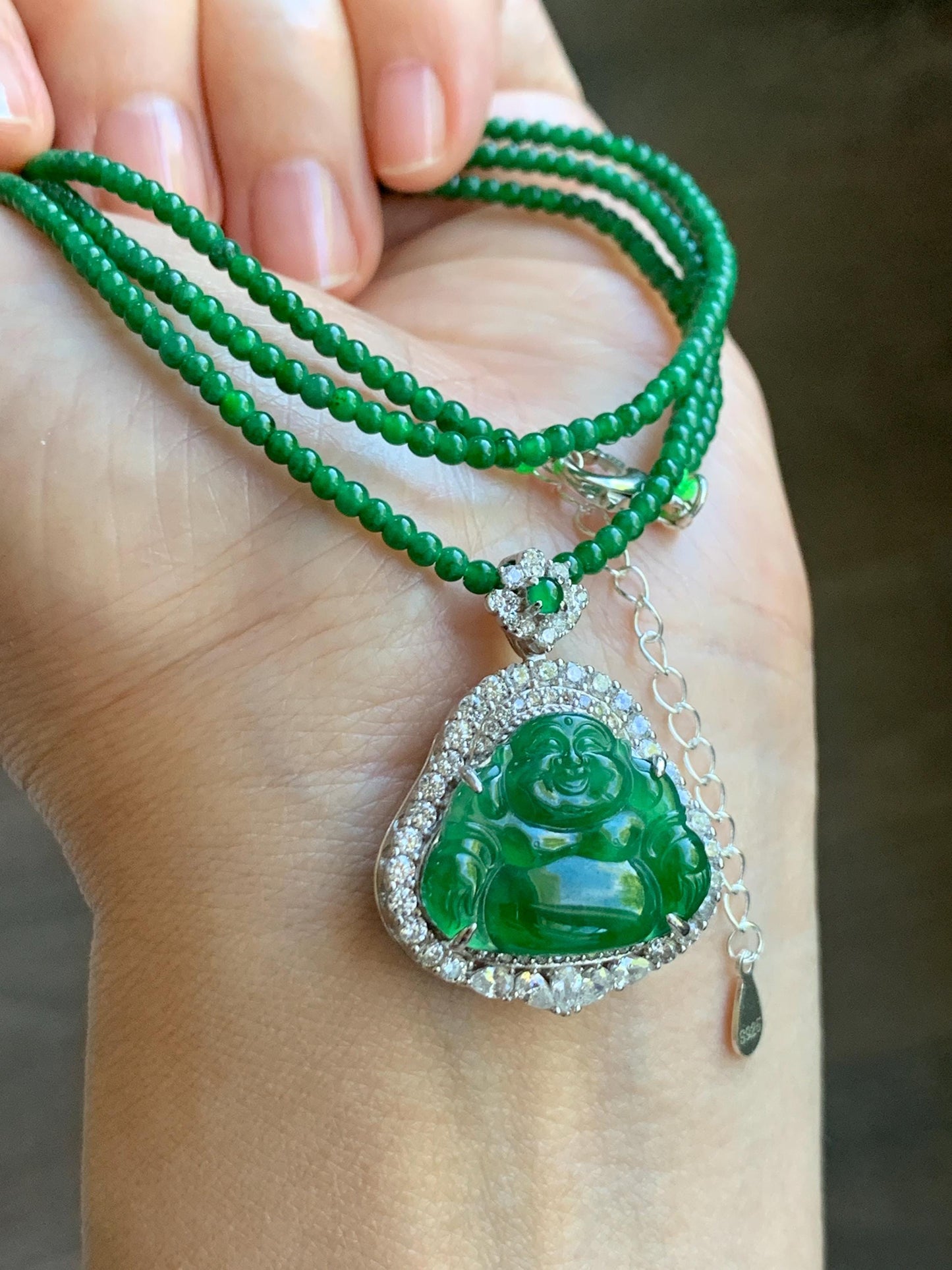 Certified Natural Guatemalan Icy Translucent Vibrant Green Jade Jadeite Buddha Pendant Sterling Silver Beaded Necklace 天然冰危绿翡翠佛公吊坠绿翡翠珠项链 092
