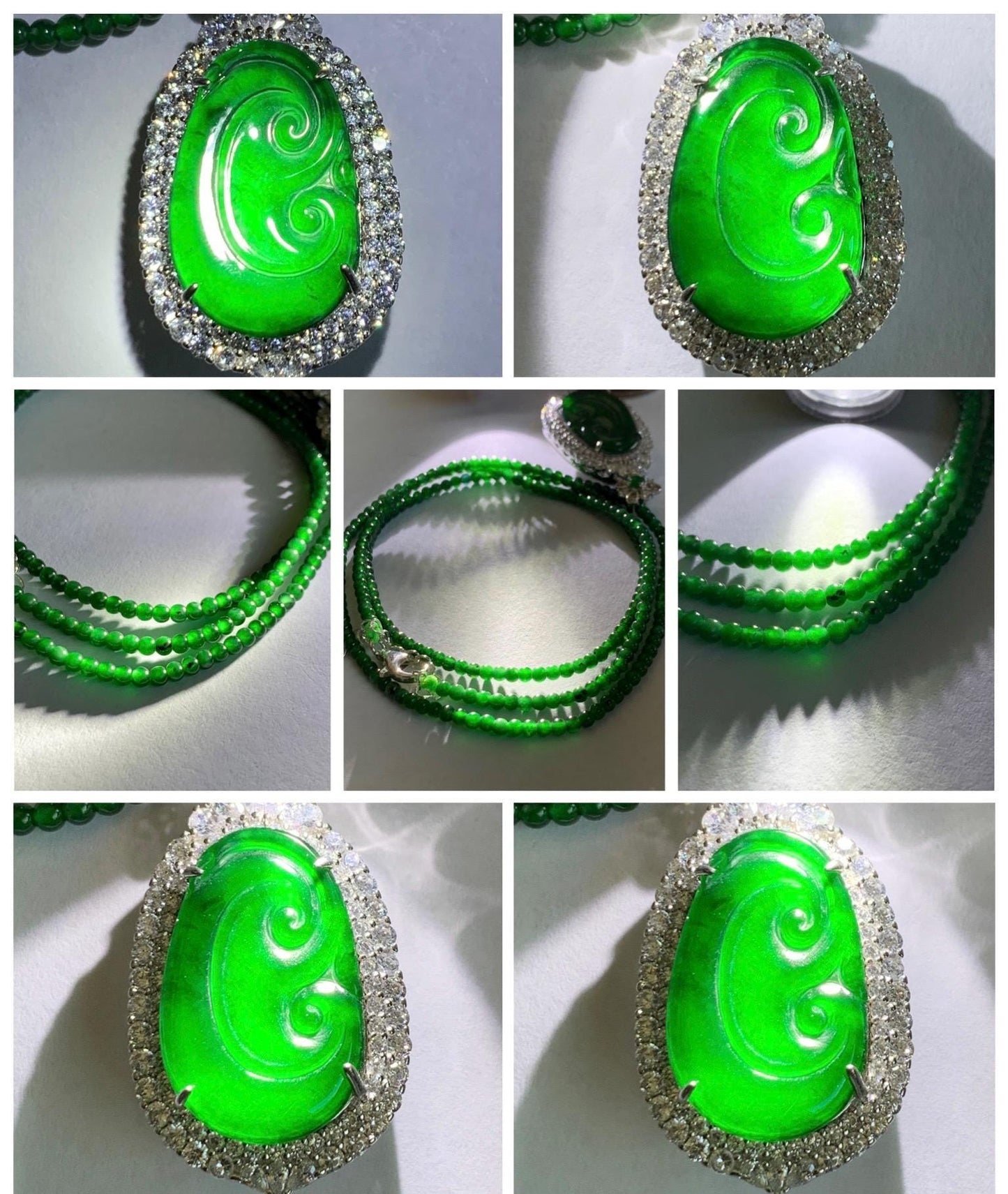 Certified Natural Guatemalan Icy Translucent Vibrant Green Jade Jadeite Ruyi Pendant Sterling Silver Beaded Necklace 天然冰危绿翡翠如意吊坠绿翡翠珠项链 094