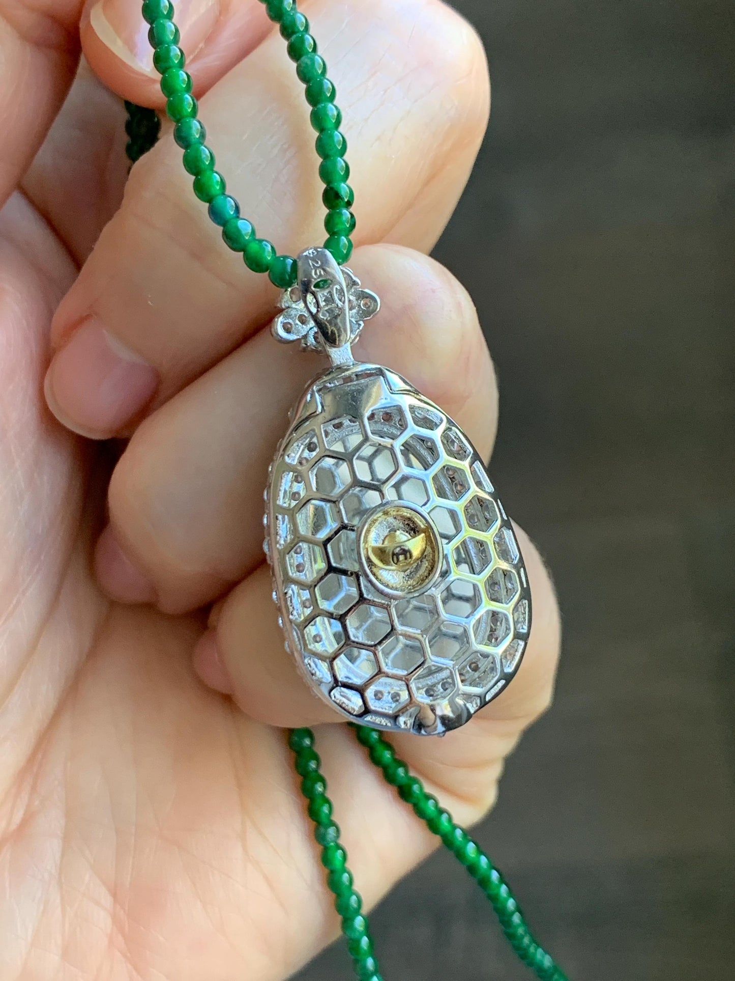 Certified Natural Guatemalan Icy Translucent Vibrant Green Jade Jadeite Ruyi Pendant Sterling Silver Beaded Necklace 天然冰危绿翡翠如意吊坠绿翡翠珠项链 094