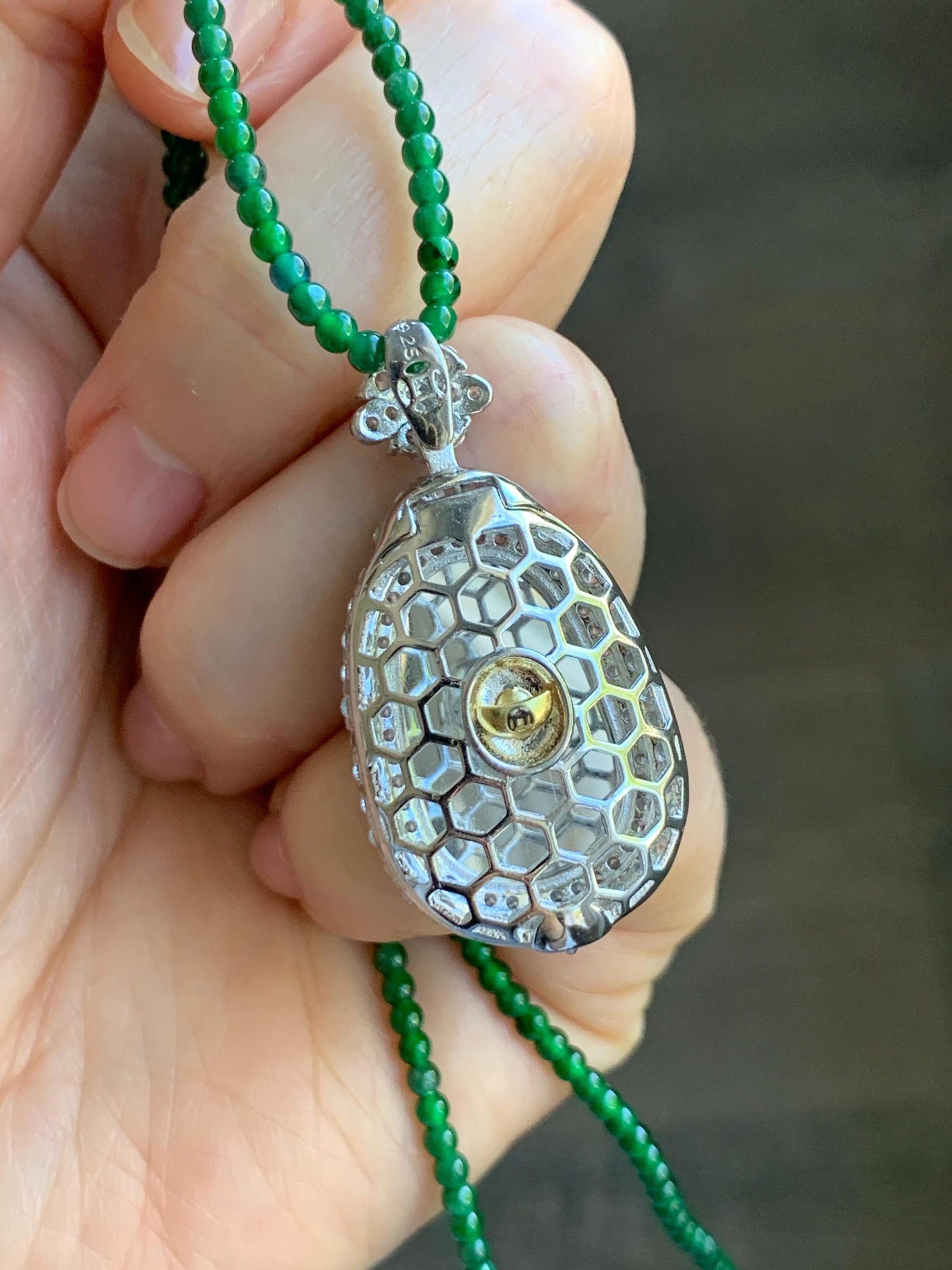 Certified Natural Guatemalan Icy Translucent Vibrant Green Jade Jadeite Ruyi Pendant Sterling Silver Beaded Necklace 天然冰危绿翡翠如意吊坠绿翡翠珠项链 094