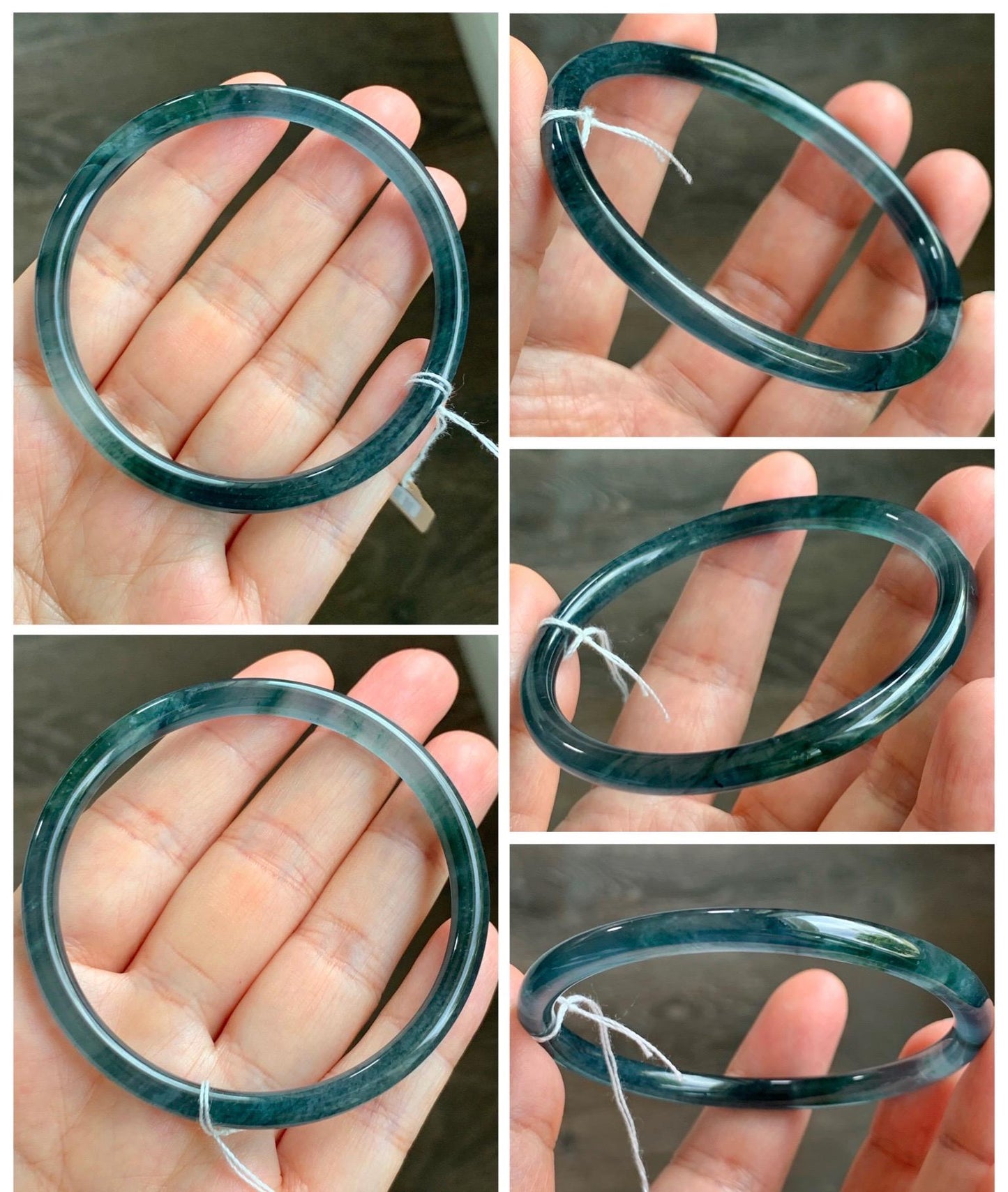 Certified Natural Grade A Guatemalan Icy Translucent Dark Teal Blue Marbled Jade Jadeite Bangle Bracelet 56.65mm 7” 15g 天然冰胶危蓝飘花翡翠细圆条手镯 068