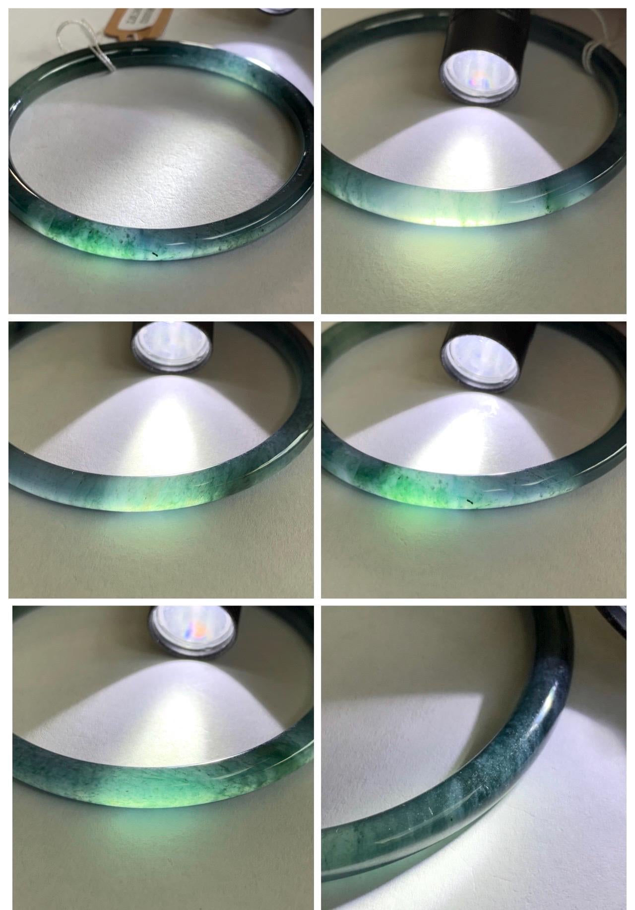 Certified Natural Grade A Guatemalan Icy Translucent Dark Teal Blue Marbled Jade Jadeite Bangle Bracelet 56.65mm 7” 15g 天然冰胶危蓝飘花翡翠细圆条手镯 068