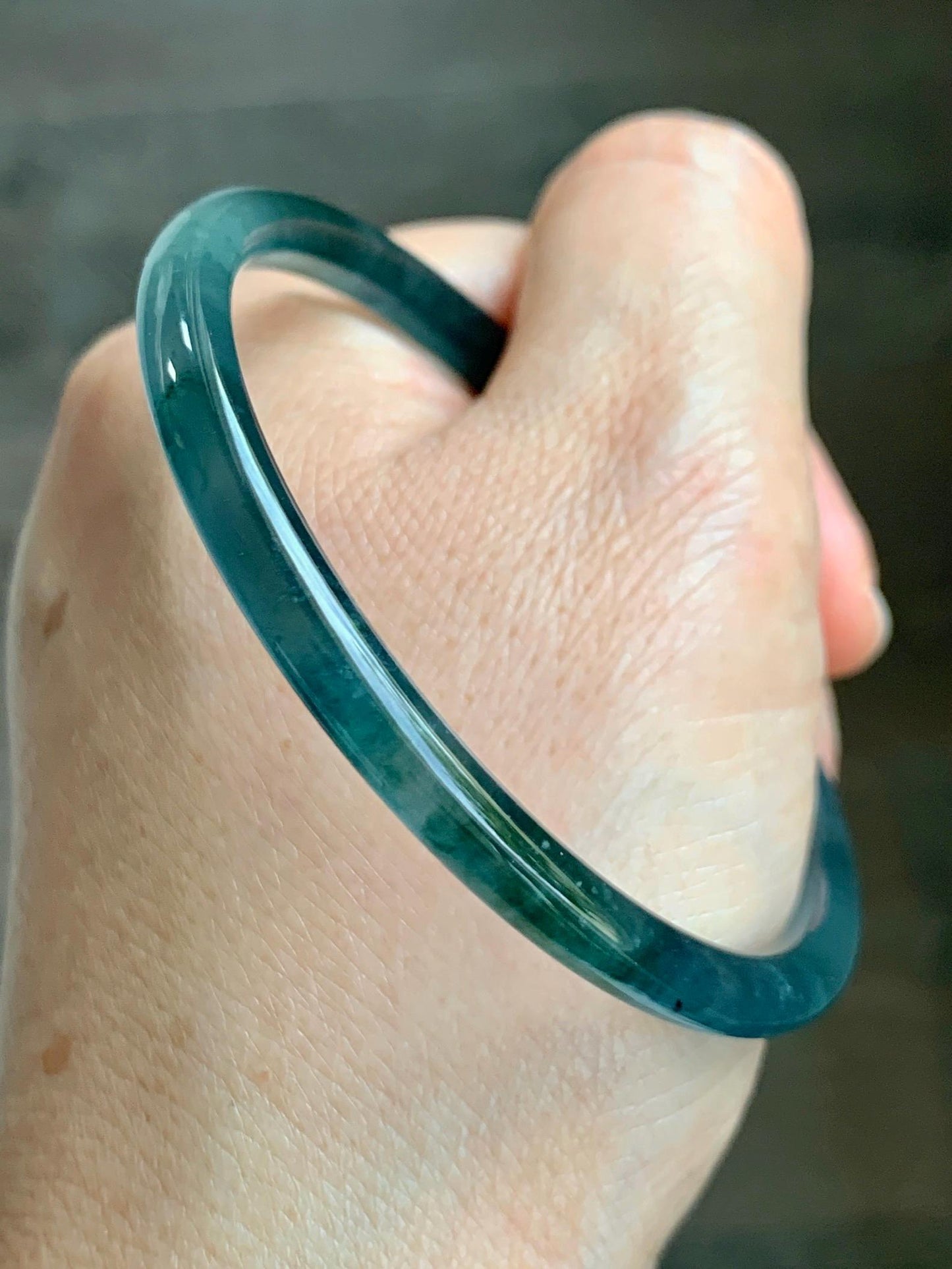 Certified Natural Grade A Guatemalan Icy Translucent Dark Teal Blue Marbled Jade Jadeite Bangle Bracelet 56.65mm 7” 15g 天然冰胶危蓝飘花翡翠细圆条手镯 068