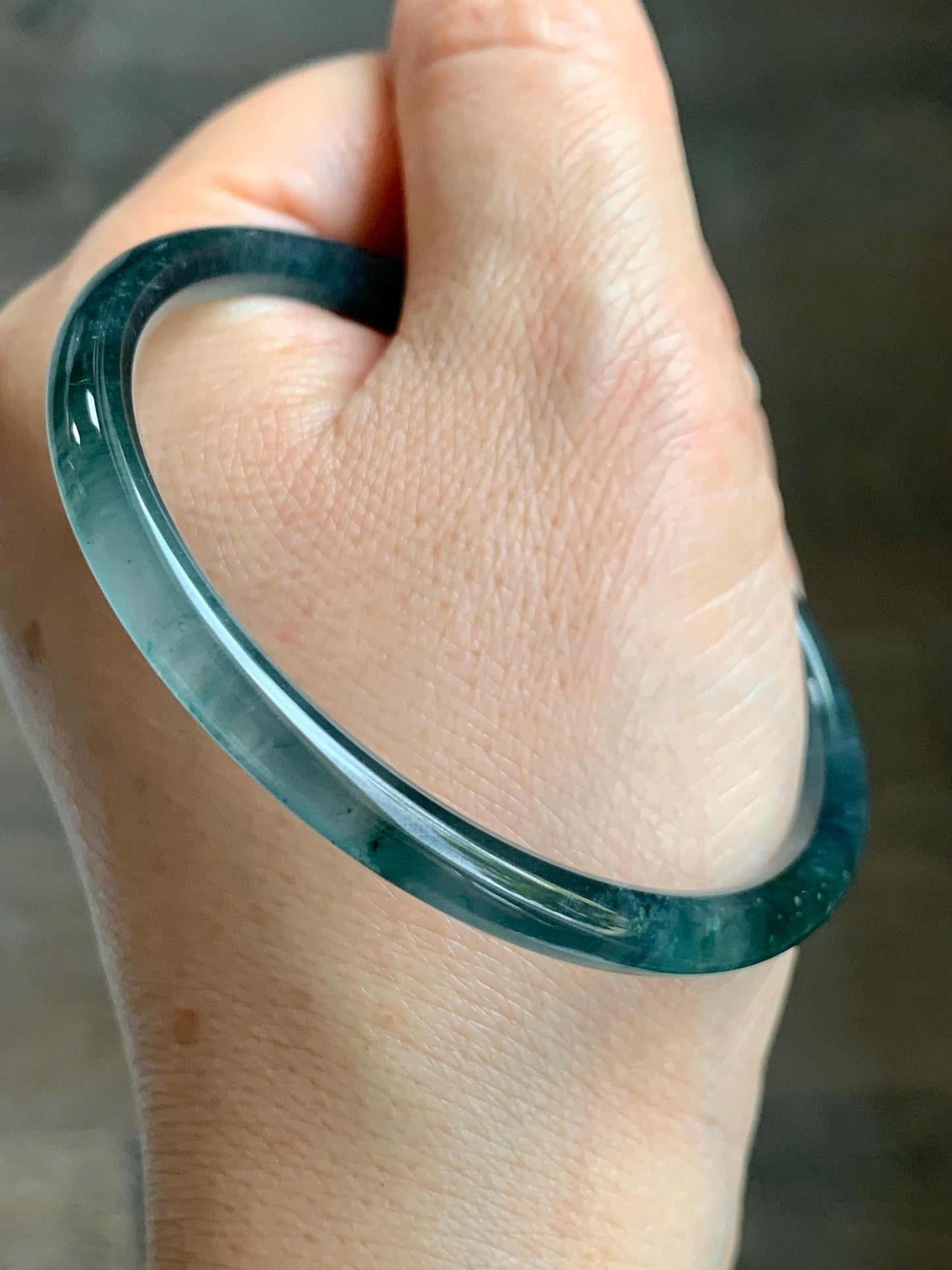 Certified Natural Grade A Guatemalan Icy Translucent Dark Teal Blue Marbled Jade Jadeite Bangle Bracelet 56.65mm 7” 15g 天然冰胶危蓝飘花翡翠细圆条手镯 068