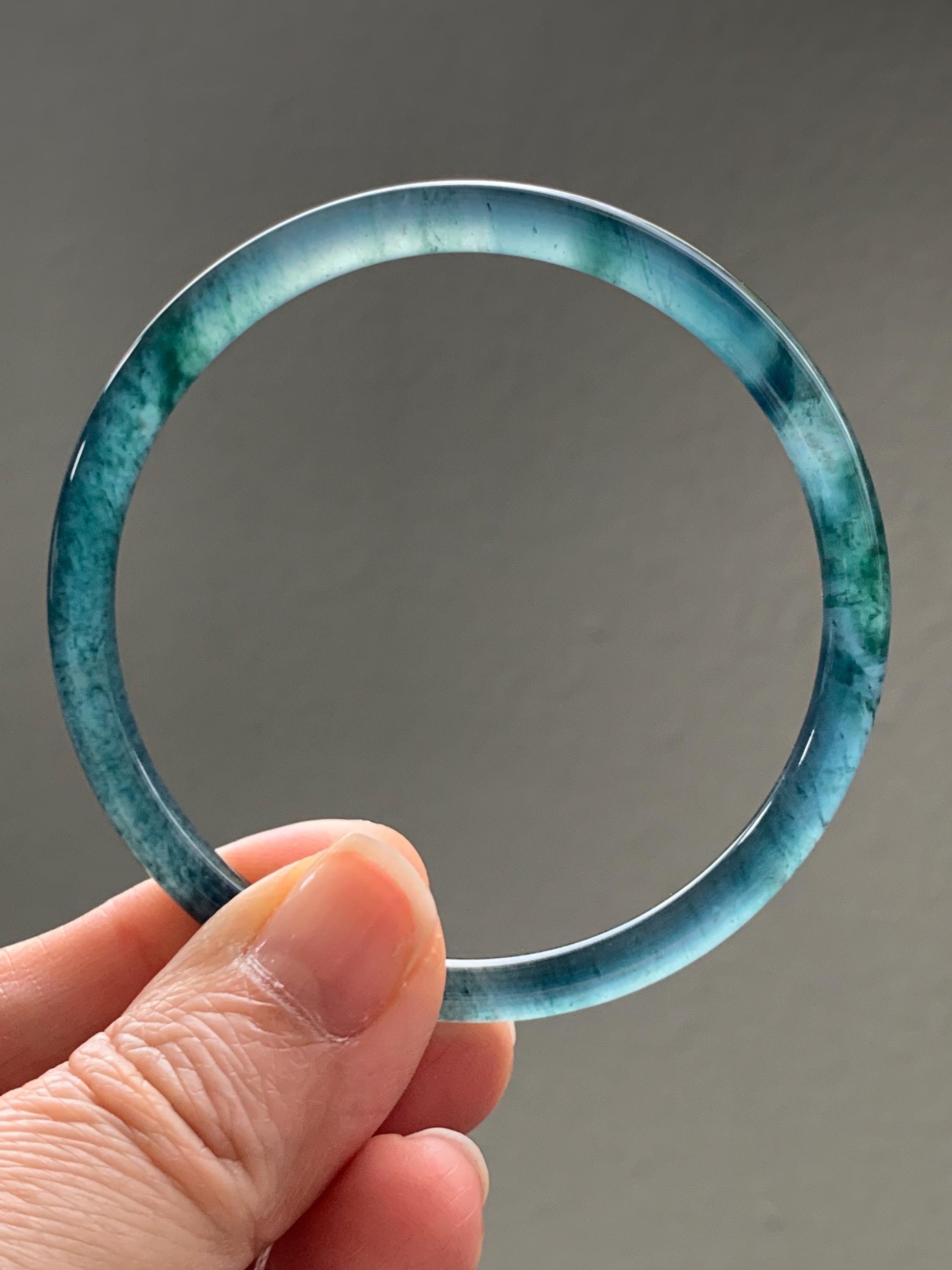 Certified Natural Grade A Guatemalan Icy Translucent Dark Teal Blue Marbled Jade Jadeite Bangle Bracelet 56.65mm 7” 15g 天然冰胶危蓝飘花翡翠细圆条手镯 068