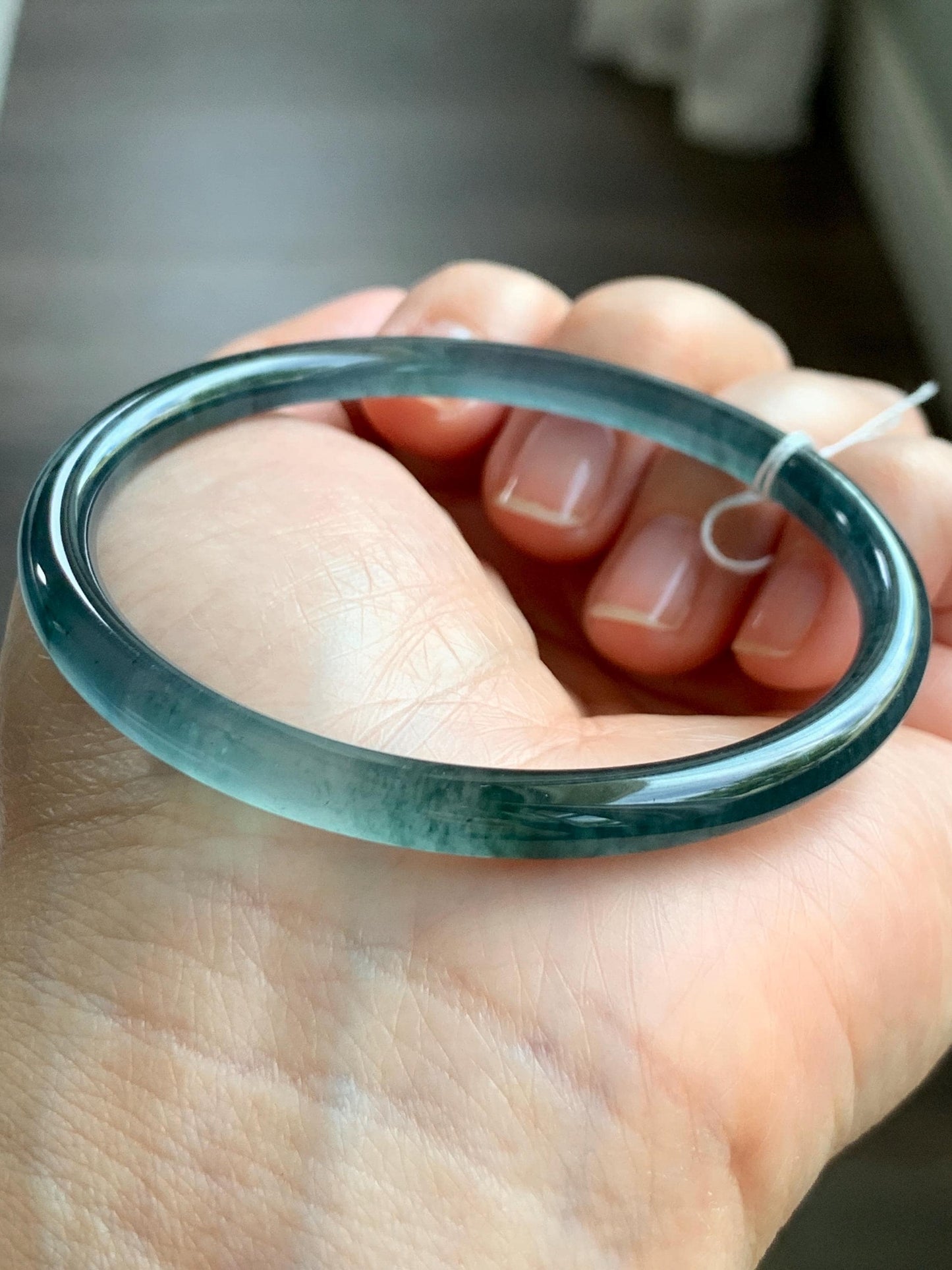 Certified Natural Grade A Guatemalan Icy Translucent Dark Teal Blue Marbled Jade Jadeite Bangle Bracelet 56.65mm 7” 15g 天然冰胶危蓝飘花翡翠细圆条手镯 068
