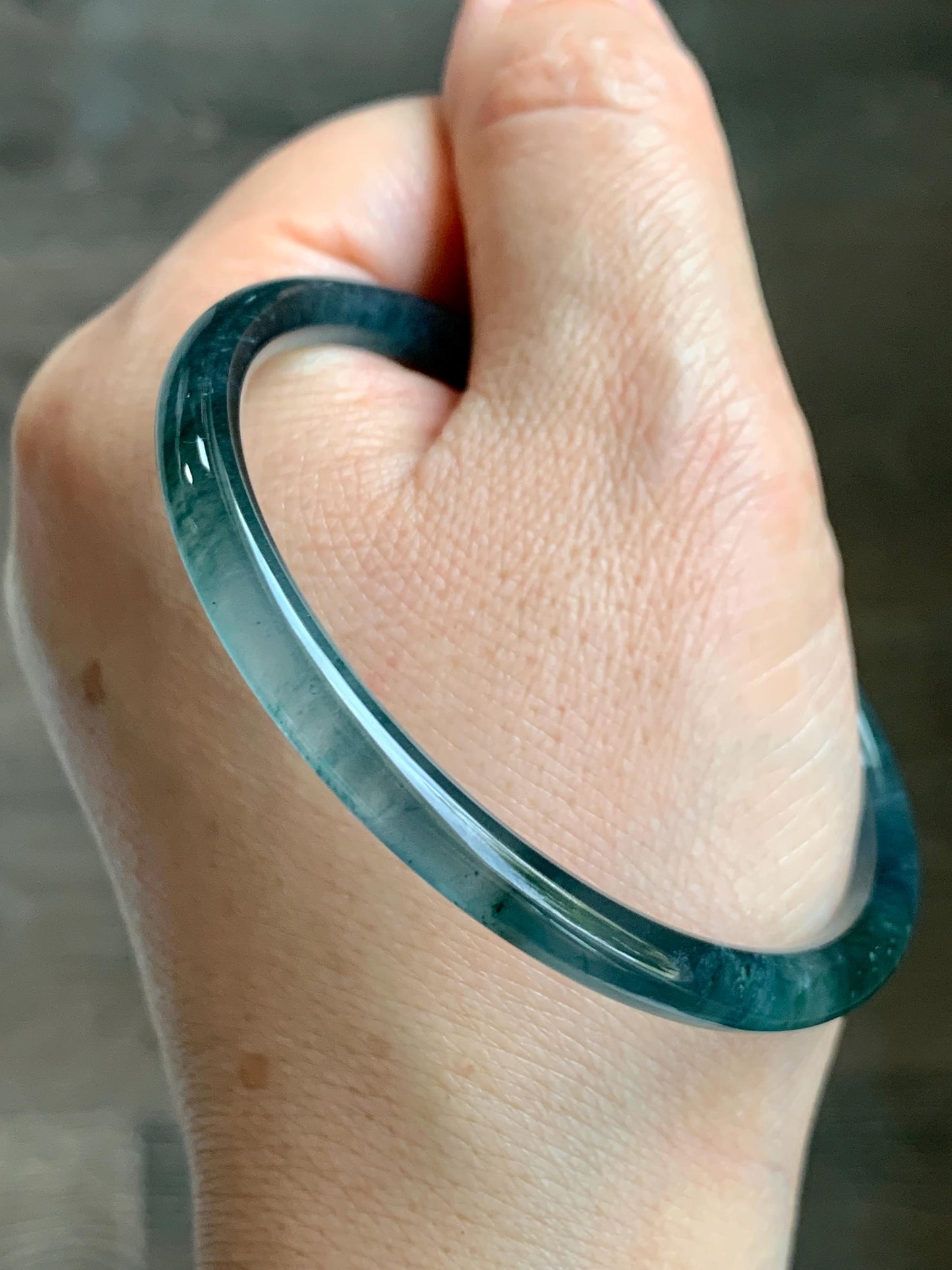 Certified Natural Grade A Guatemalan Icy Translucent Dark Teal Blue Marbled Jade Jadeite Bangle Bracelet 56.65mm 7” 15g 天然冰胶危蓝飘花翡翠细圆条手镯 068