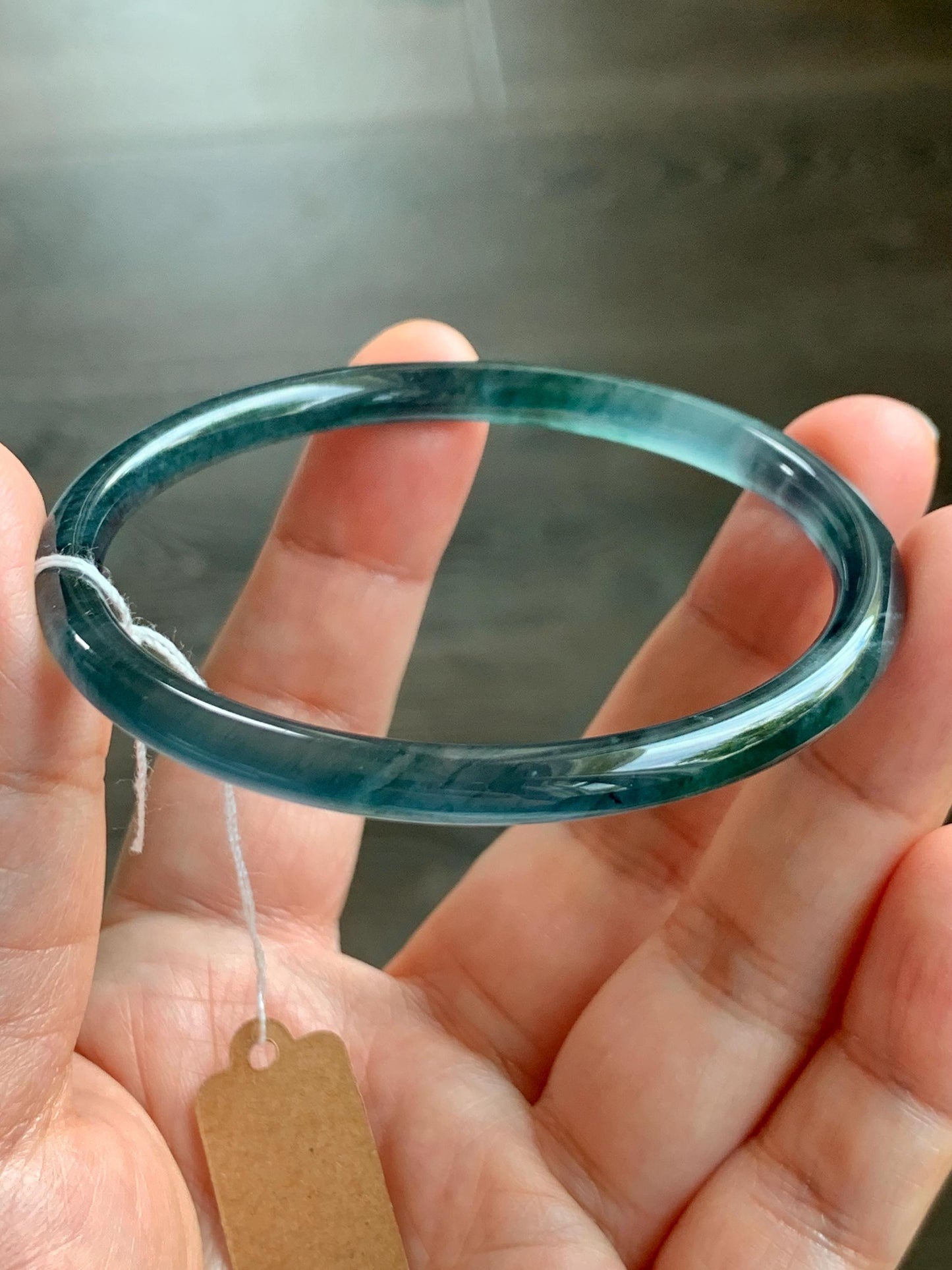Certified Natural Grade A Guatemalan Icy Translucent Dark Teal Blue Marbled Jade Jadeite Bangle Bracelet 56.65mm 7” 15g 天然冰胶危蓝飘花翡翠细圆条手镯 068