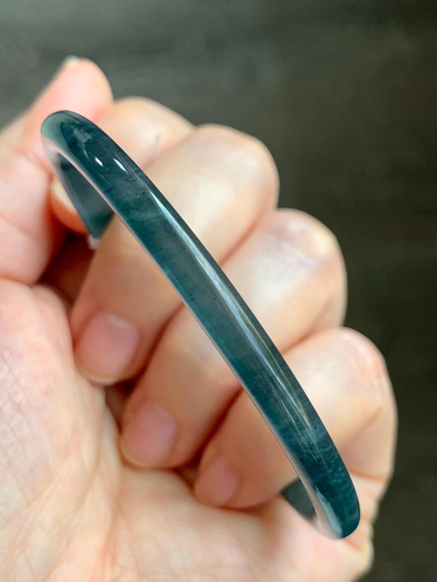 Certified Natural Grade A Guatemalan Icy Translucent Dark Teal Blue Marbled Jade Jadeite Bangle Bracelet 56.65mm 7” 15g 天然冰胶危蓝飘花翡翠细圆条手镯 068