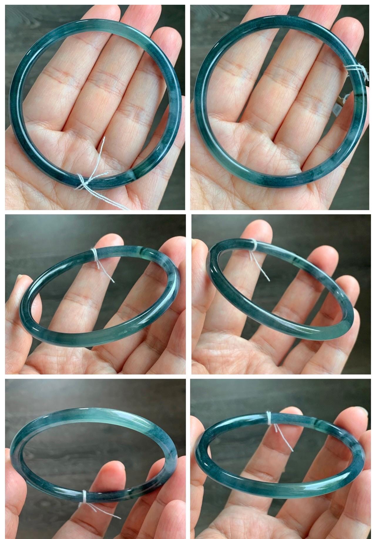 Certified Natural Grade A Guatemalan Icy Translucent Dark Teal Blue Marbled Jade Jadeite Bangle Bracelet 60mm 7.42” 15g 天然冰胶危蓝飘花翡翠细圆条手镯 072