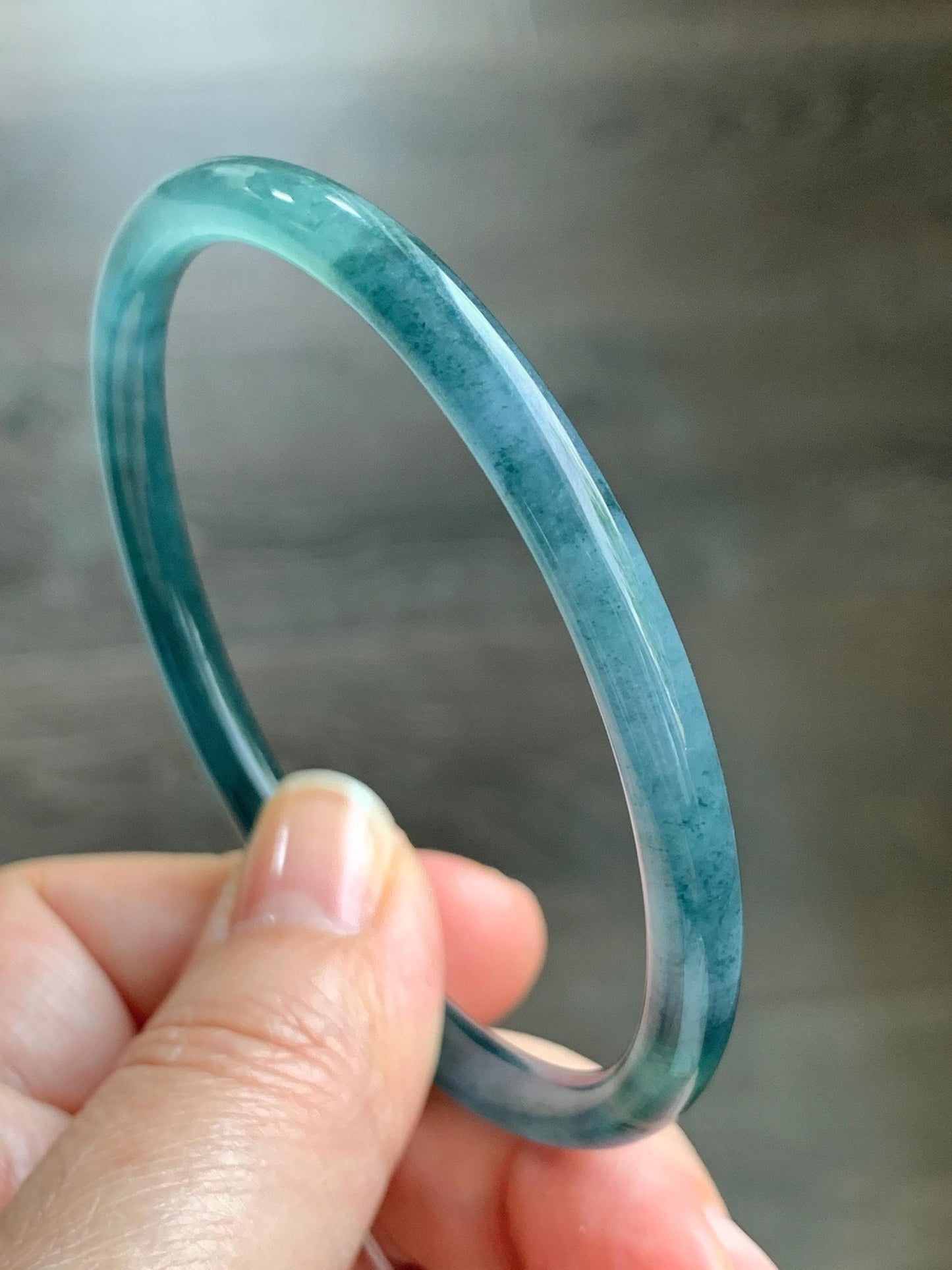 Certified Natural Grade A Guatemalan Icy Translucent Dark Teal Blue Marbled Jade Jadeite Bangle Bracelet 60mm 7.42” 15g 天然冰胶危蓝飘花翡翠细圆条手镯 072