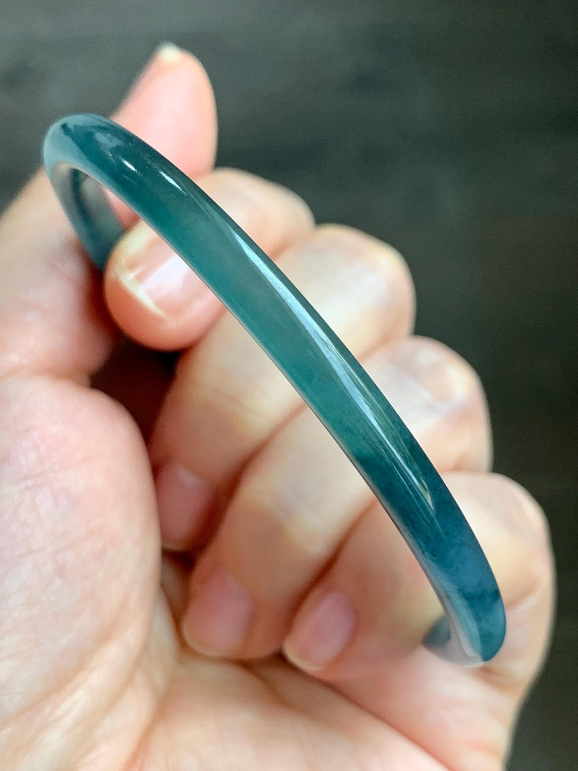 Certified Natural Grade A Guatemalan Icy Translucent Dark Teal Blue Marbled Jade Jadeite Bangle Bracelet 60mm 7.42” 15g 天然冰胶危蓝飘花翡翠细圆条手镯 072
