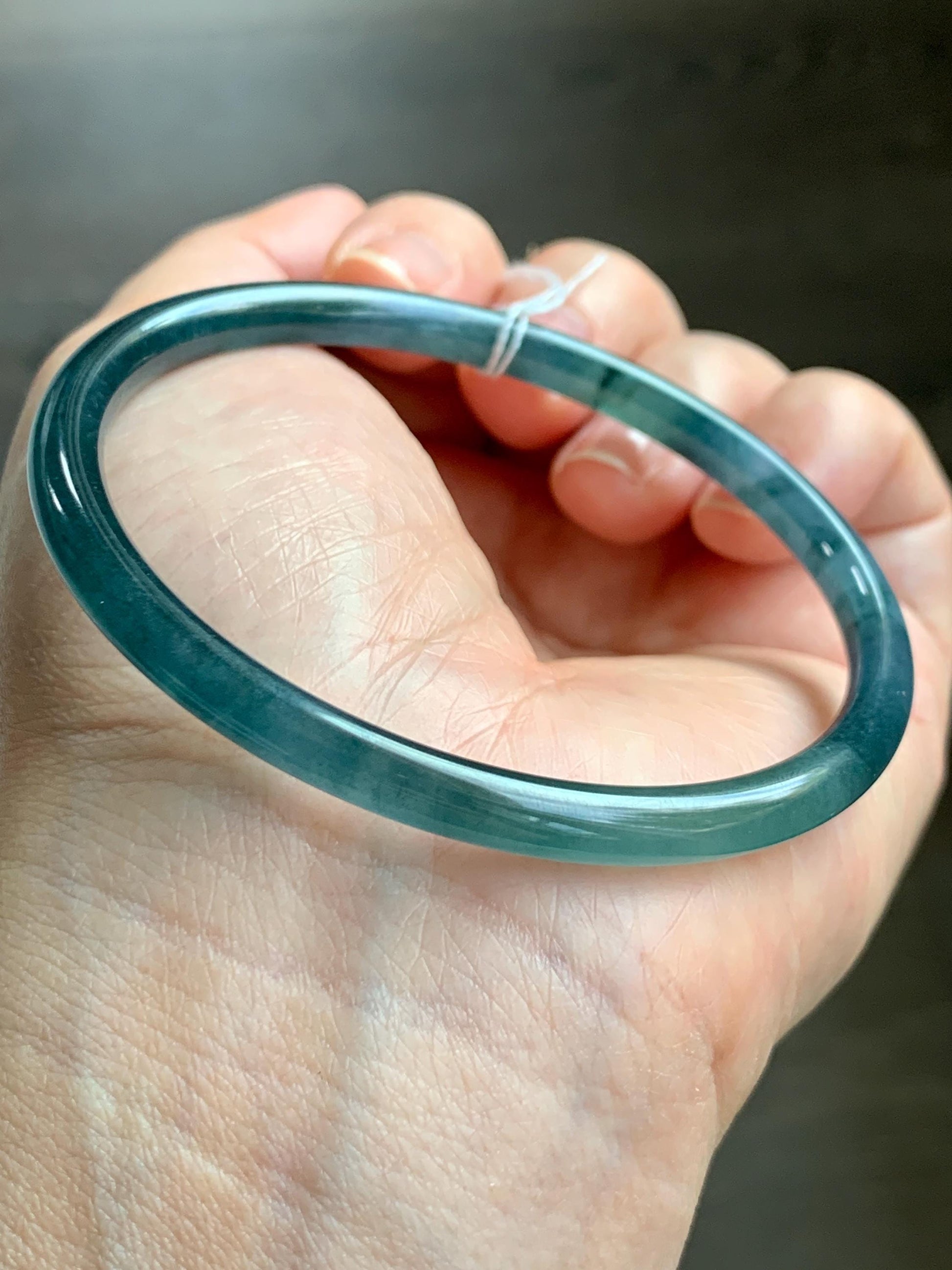 Certified Natural Grade A Guatemalan Icy Translucent Dark Teal Blue Marbled Jade Jadeite Bangle Bracelet 60mm 7.42” 15g 天然冰胶危蓝飘花翡翠细圆条手镯 072