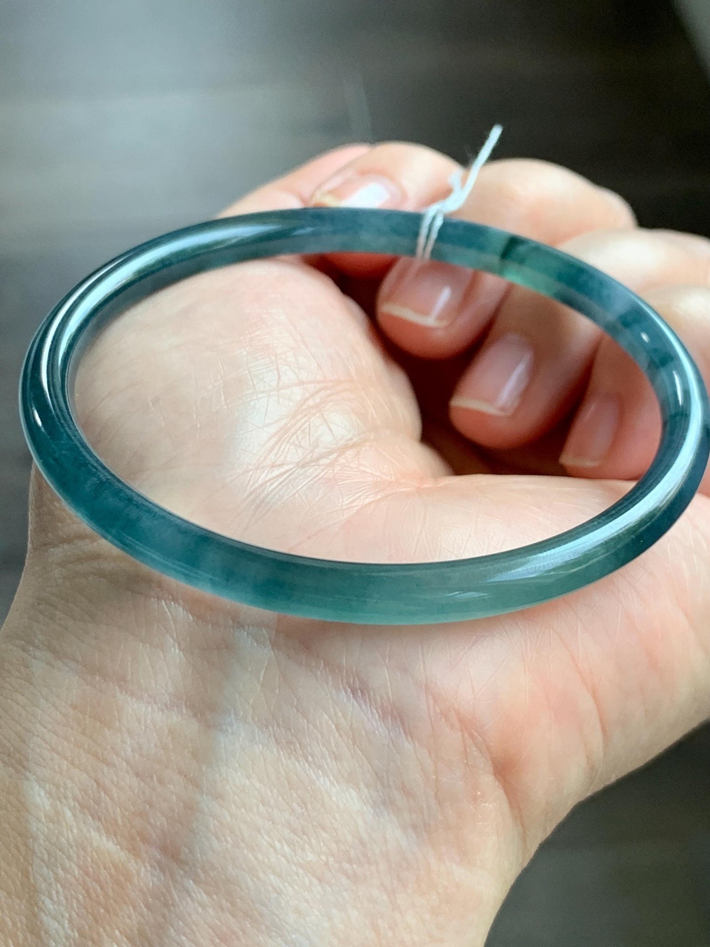 Certified Natural Grade A Guatemalan Icy Translucent Dark Teal Blue Marbled Jade Jadeite Bangle Bracelet 60mm 7.42” 15g 天然冰胶危蓝飘花翡翠细圆条手镯 072