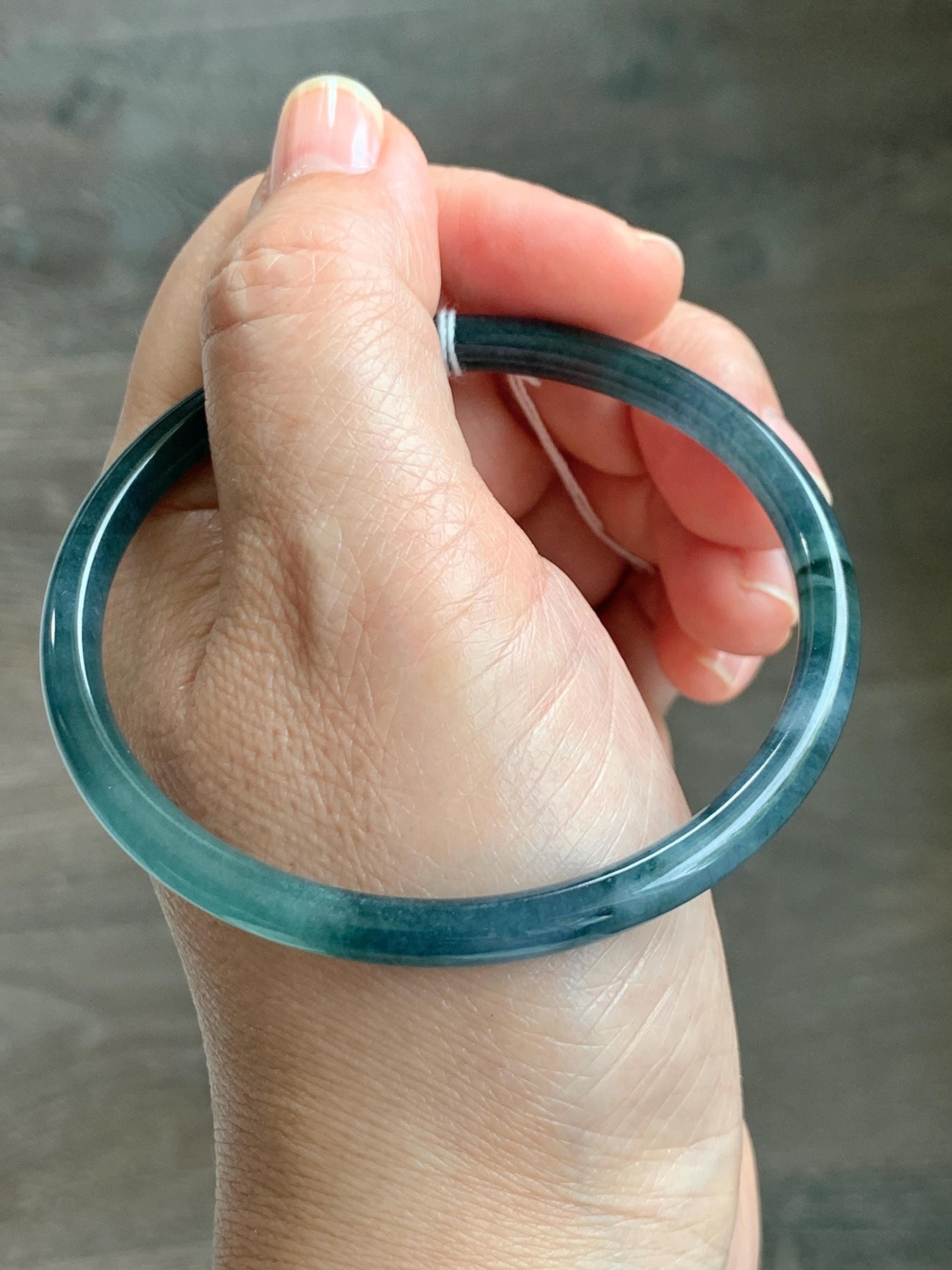 Certified Natural Grade A Guatemalan Icy Translucent Dark Teal Blue Marbled Jade Jadeite Bangle Bracelet 60mm 7.42” 15g 天然冰胶危蓝飘花翡翠细圆条手镯 072