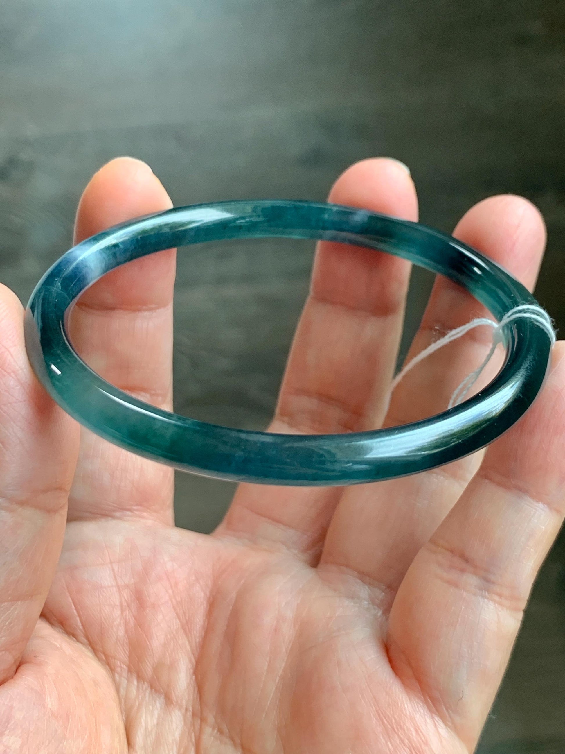 Certified Natural Grade A Guatemalan Icy Translucent Dark Teal Blue Marbled Jade Jadeite Bangle Bracelet 58.25mm 7.2” 天然冰胶危蓝飘花翡翠细圆条手镯 071
