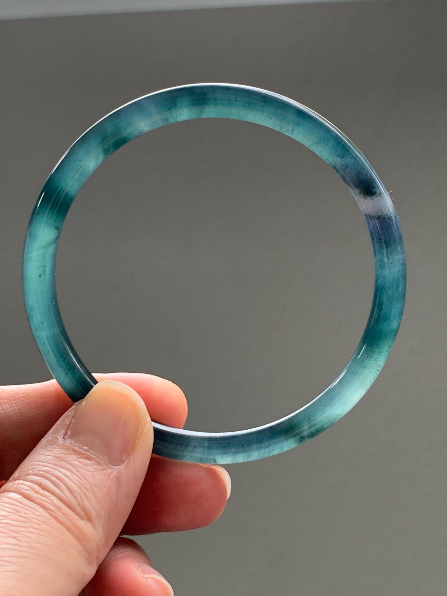Certified Natural Grade A Guatemalan Icy Translucent Dark Teal Blue Marbled Jade Jadeite Bangle Bracelet 58.25mm 7.2” 天然冰胶危蓝飘花翡翠细圆条手镯 071