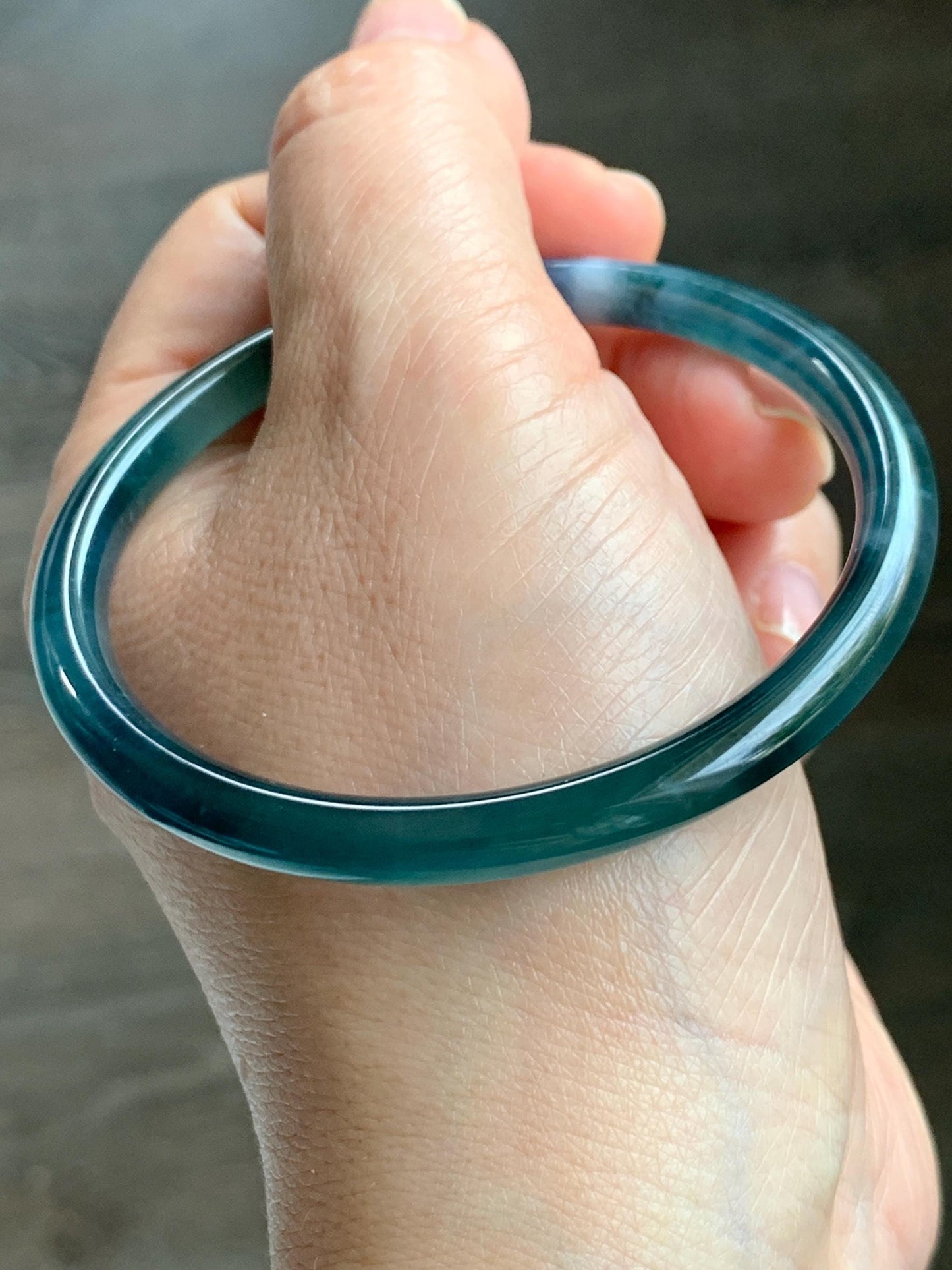 Certified Natural Grade A Guatemalan Icy Translucent Dark Teal Blue Marbled Jade Jadeite Bangle Bracelet 58.25mm 7.2” 天然冰胶危蓝飘花翡翠细圆条手镯 071