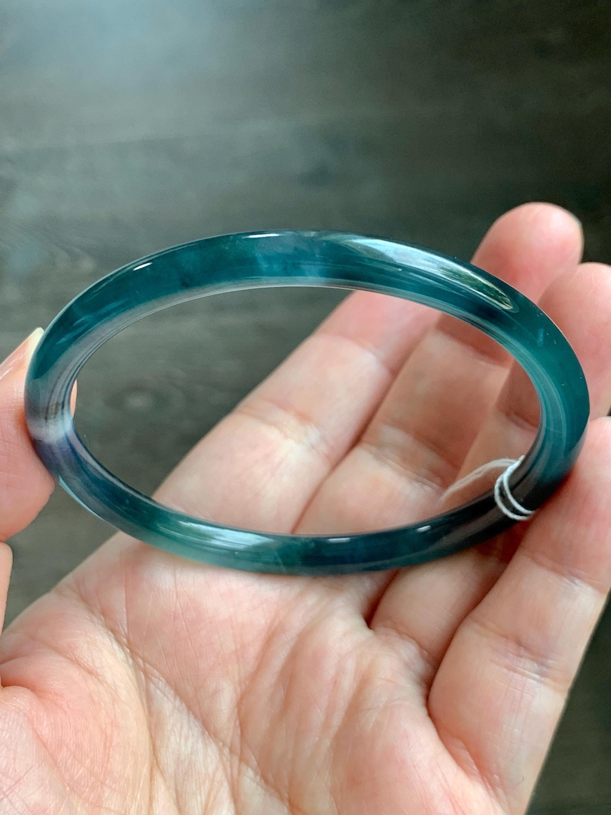 Certified Natural Grade A Guatemalan Icy Translucent Dark Teal Blue Marbled Jade Jadeite Bangle Bracelet 58.25mm 7.2” 天然冰胶危蓝飘花翡翠细圆条手镯 071