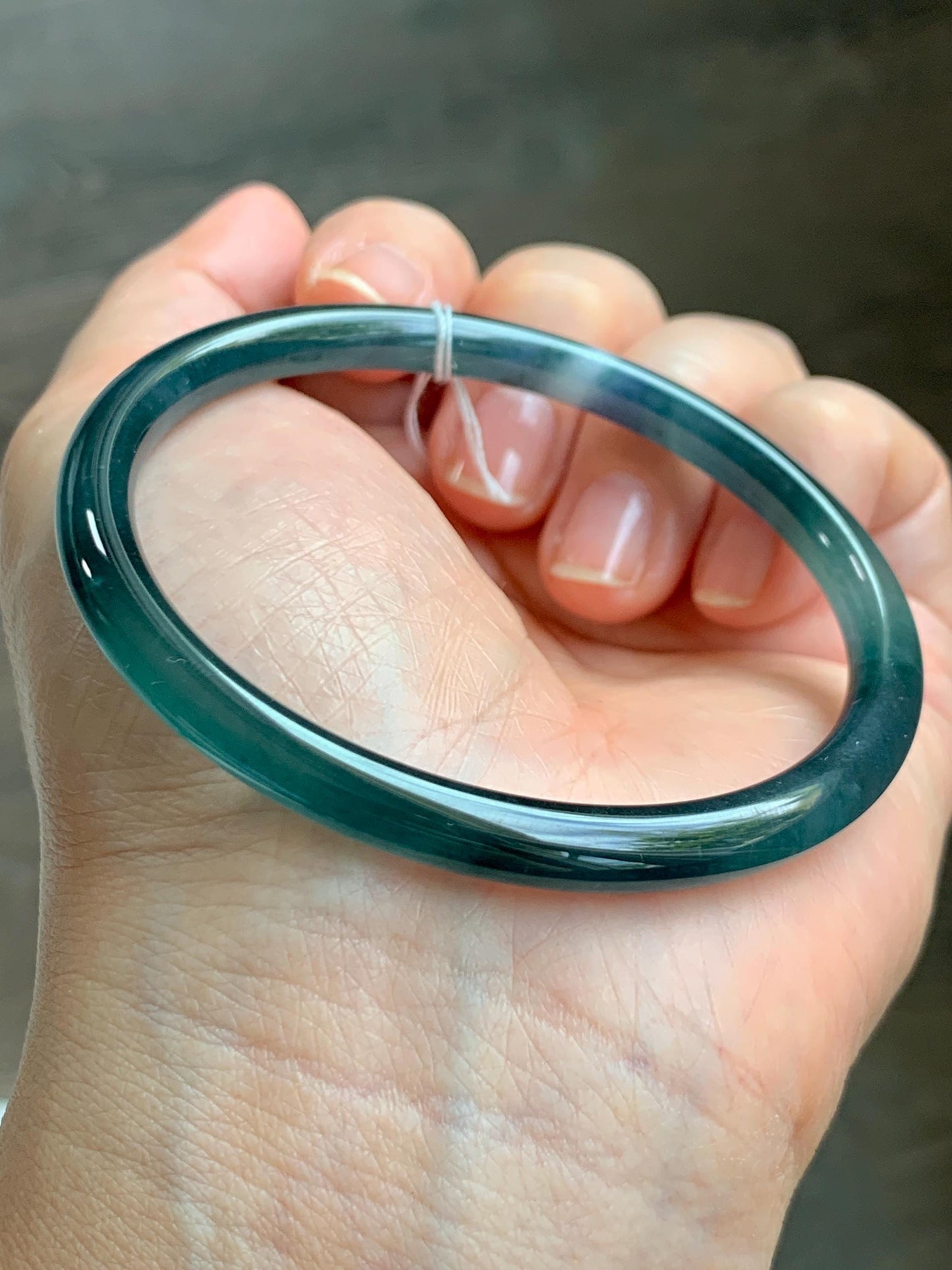 Certified Natural Grade A Guatemalan Icy Translucent Dark Teal Blue Marbled Jade Jadeite Bangle Bracelet 58.25mm 7.2” 天然冰胶危蓝飘花翡翠细圆条手镯 071